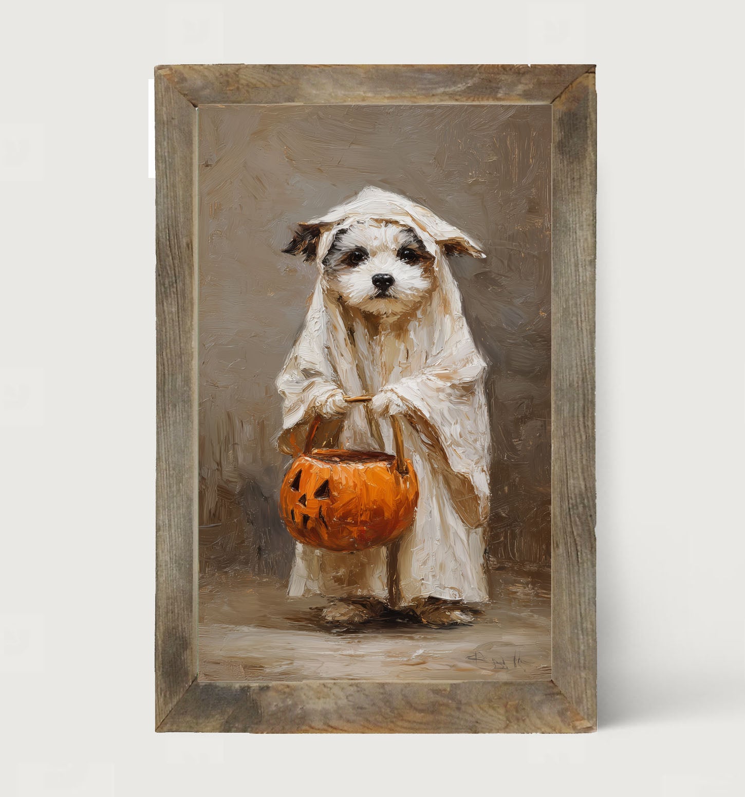 Trick or Treating Pets - Dog as a Ghost - Framed Art