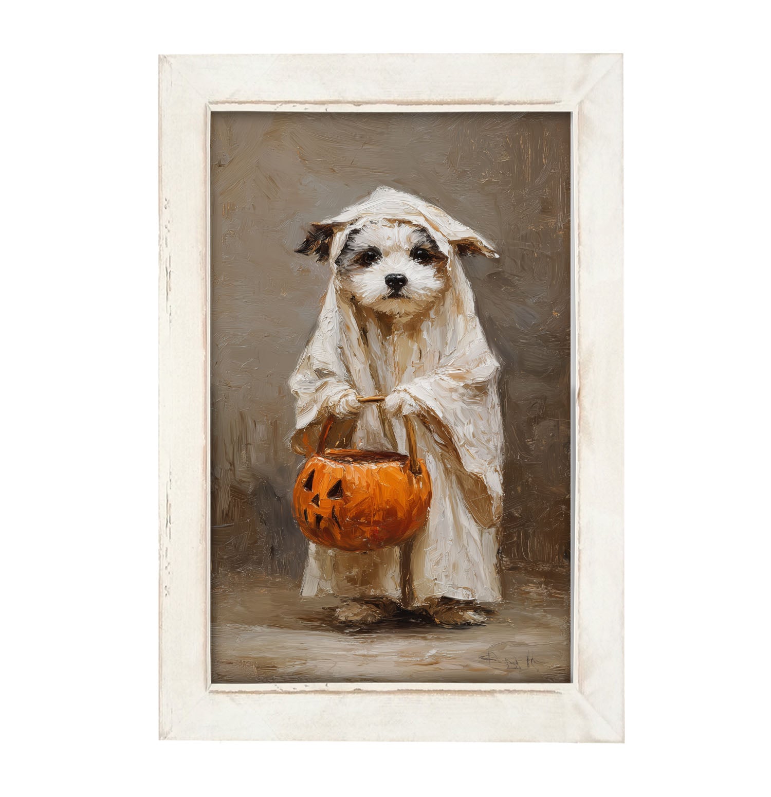 Trick or Treating Pets - Dog as a Ghost - Framed Art