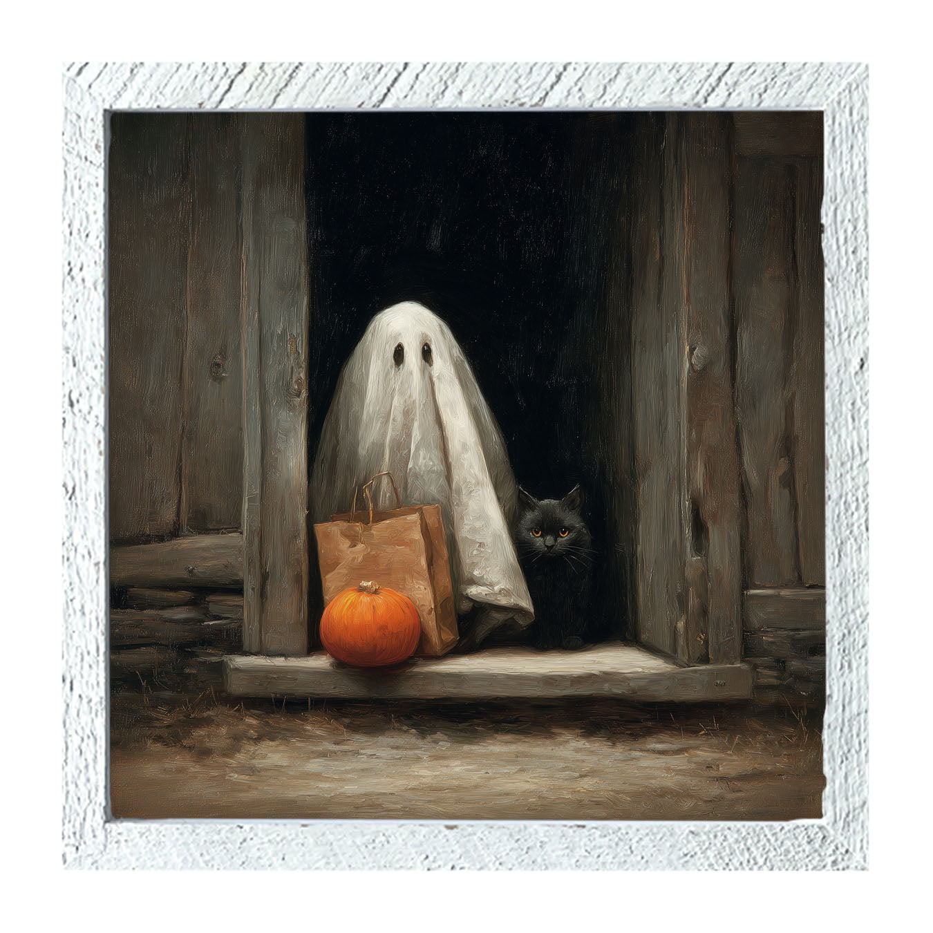 Ghost with Black Cat Trick or Treating - Framed Art