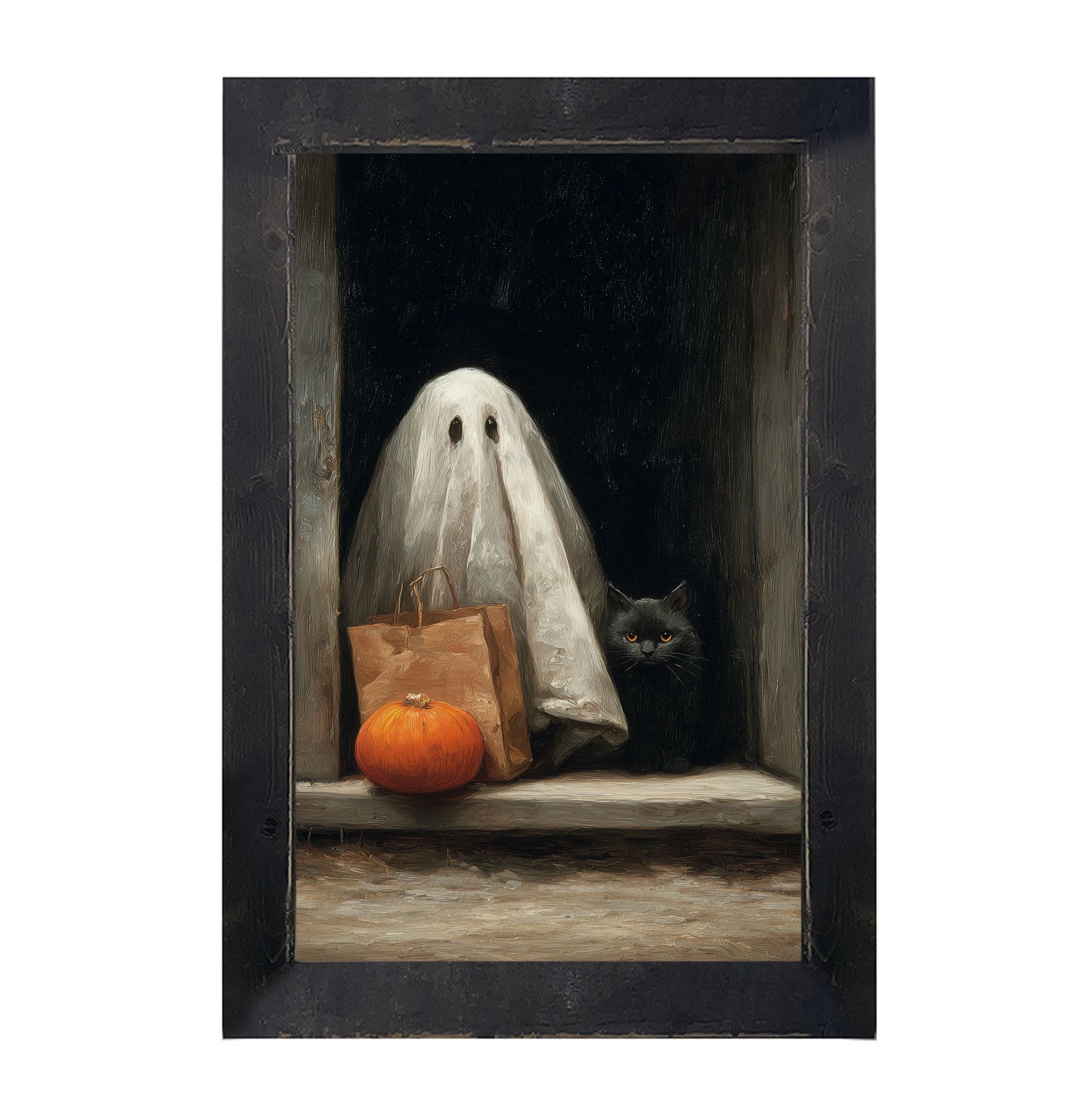 Ghost with Black Cat Trick or Treating - Framed Art