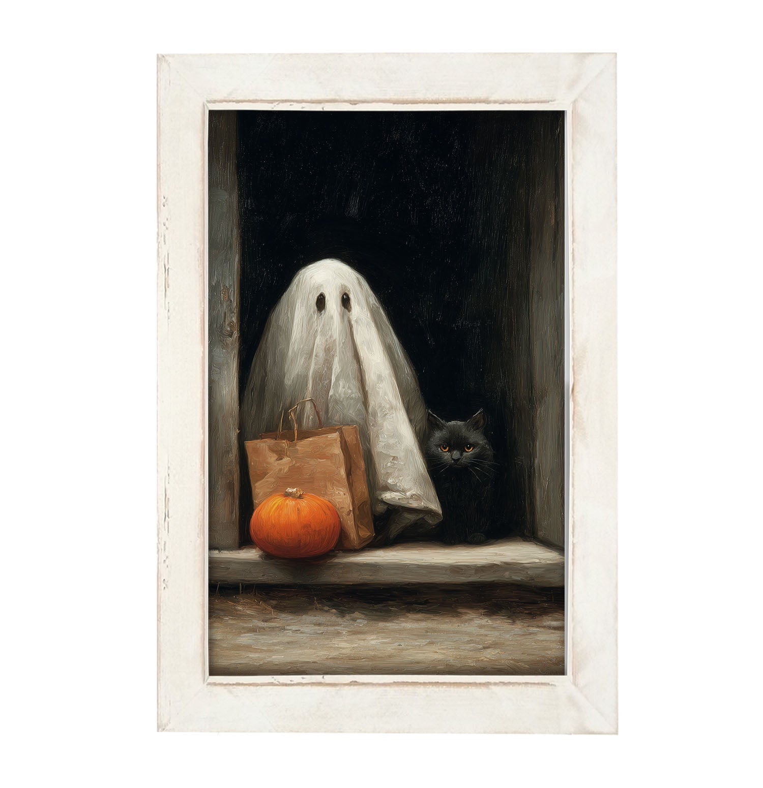 Ghost with Black Cat Trick or Treating - Framed Art