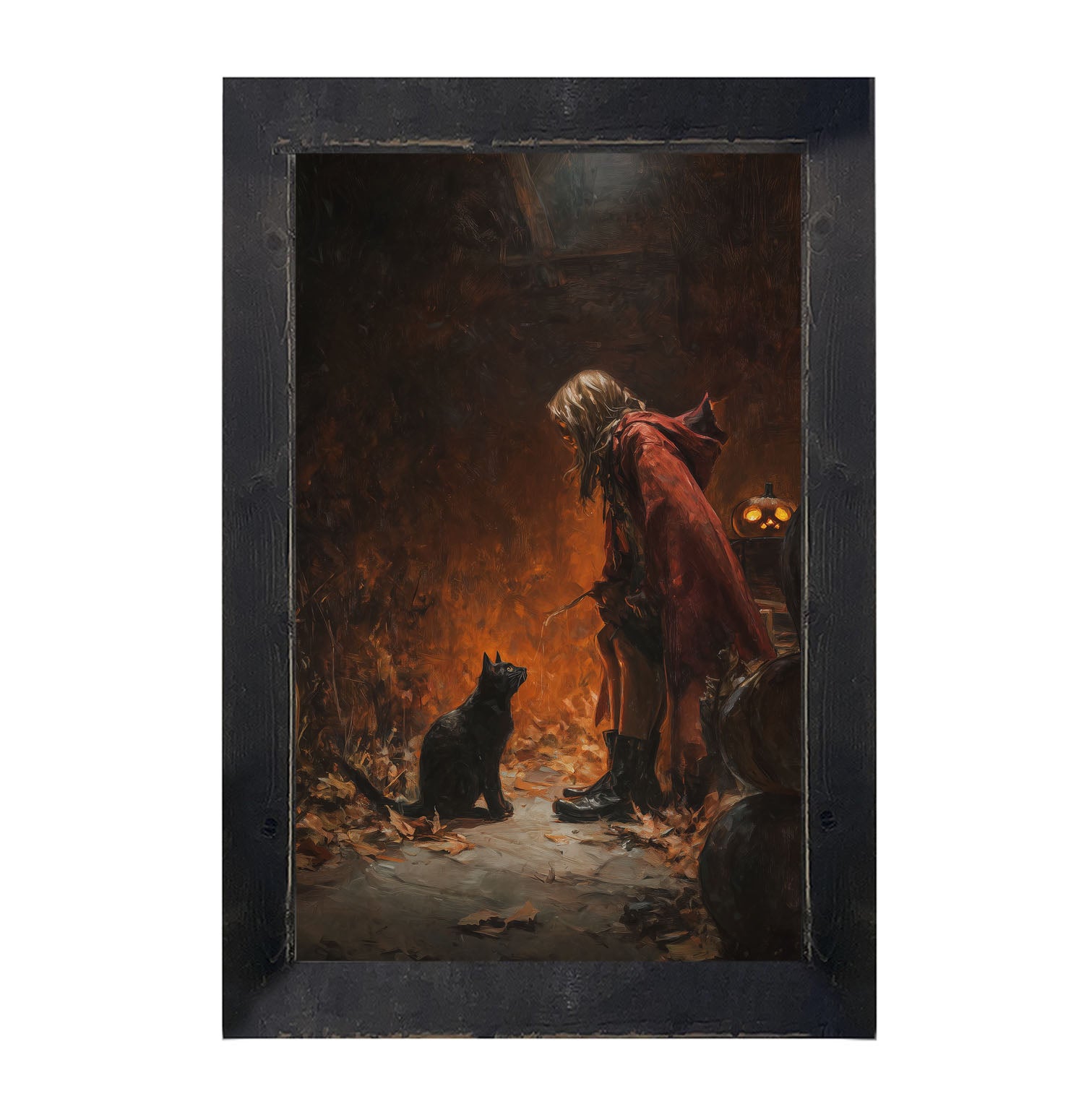 Witch with Black Cat at Night - Framed Art