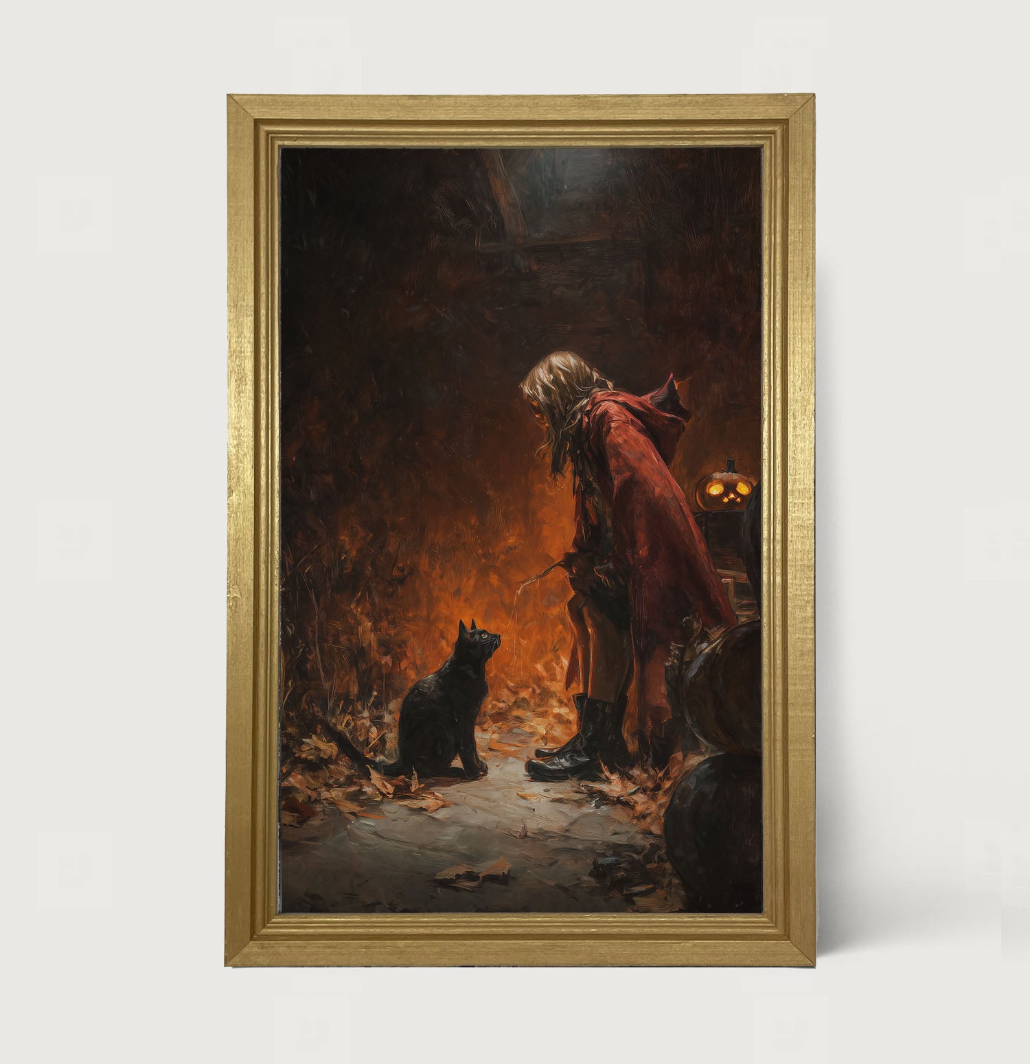 Witch with Black Cat at Night