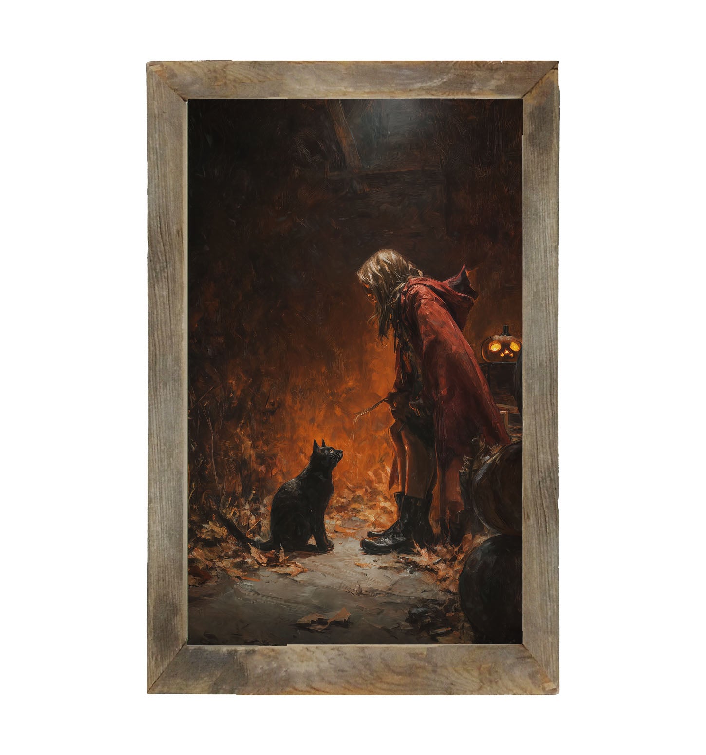 Witch with Black Cat at Night - Framed Art