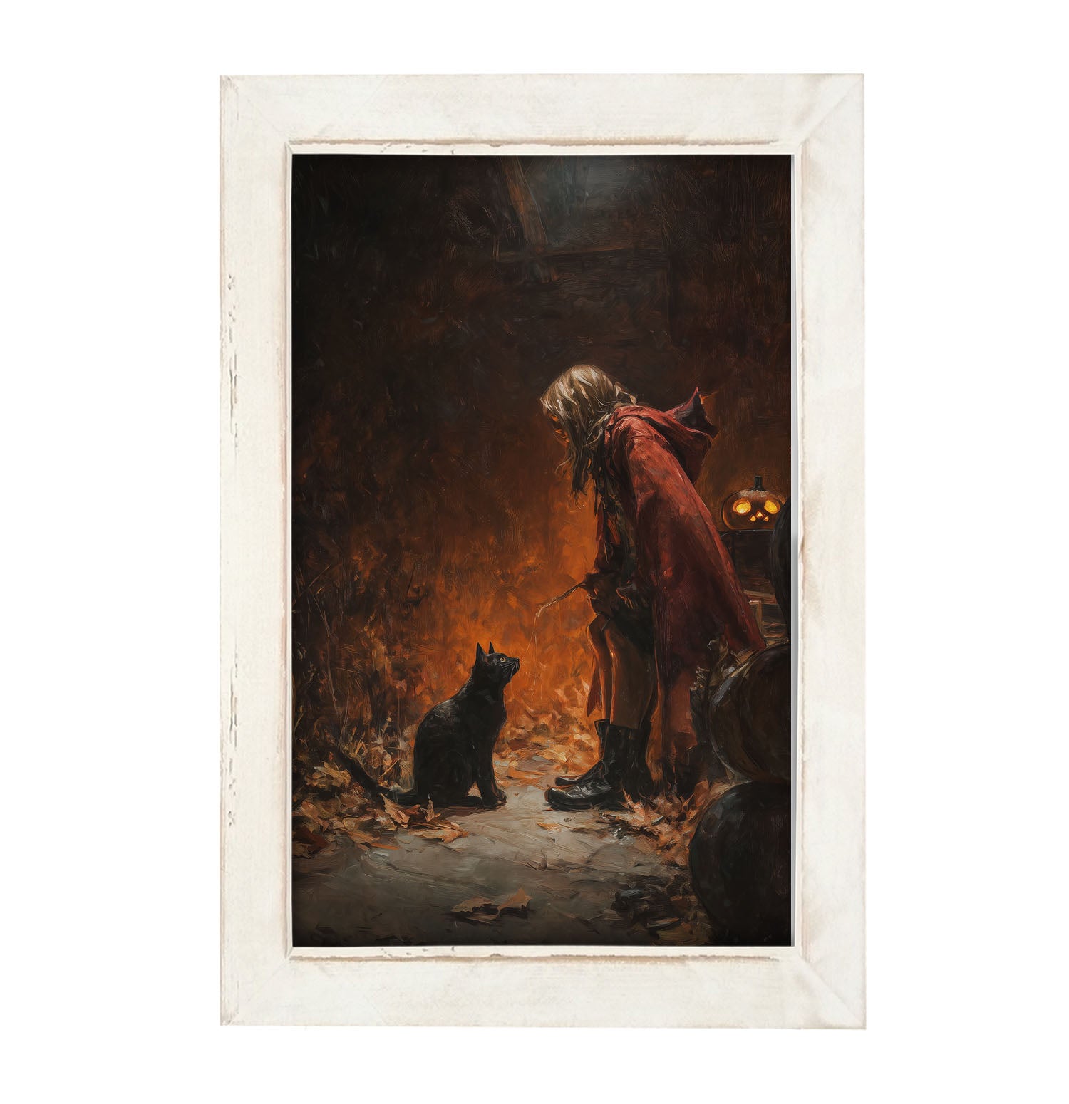 Witch with Black Cat at Night - Framed Art