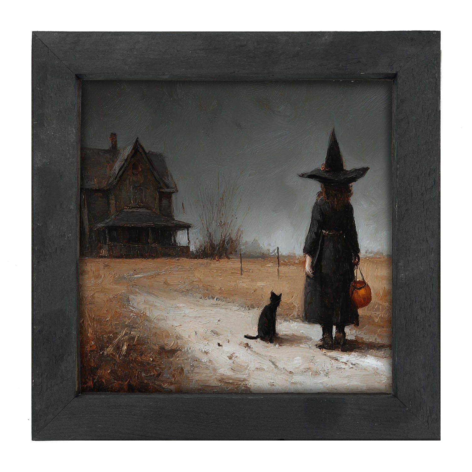 Witch with Black Cat Trick or Treating - Square - Framed Art