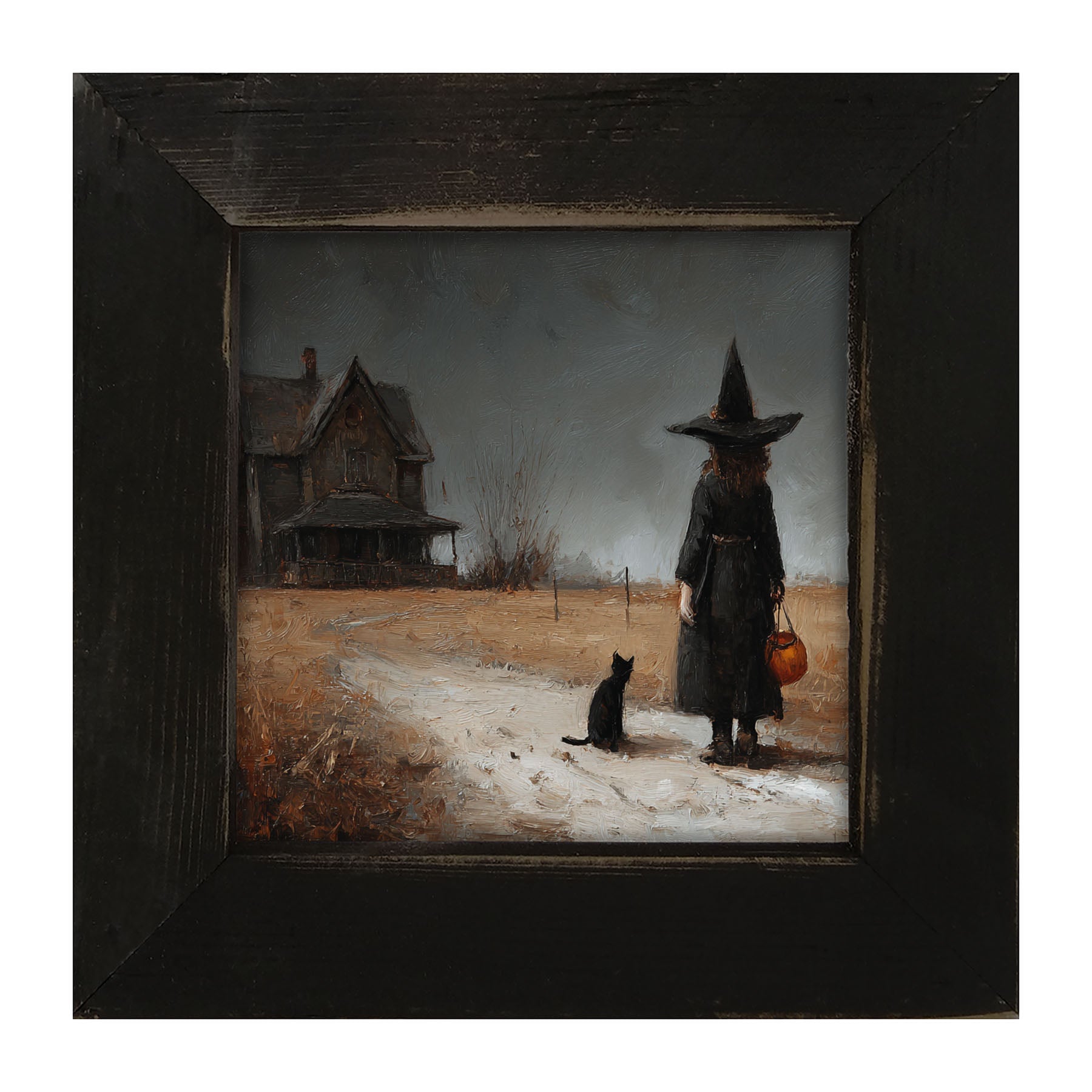 Witch with Black Cat Trick or Treating - Square - Framed Art