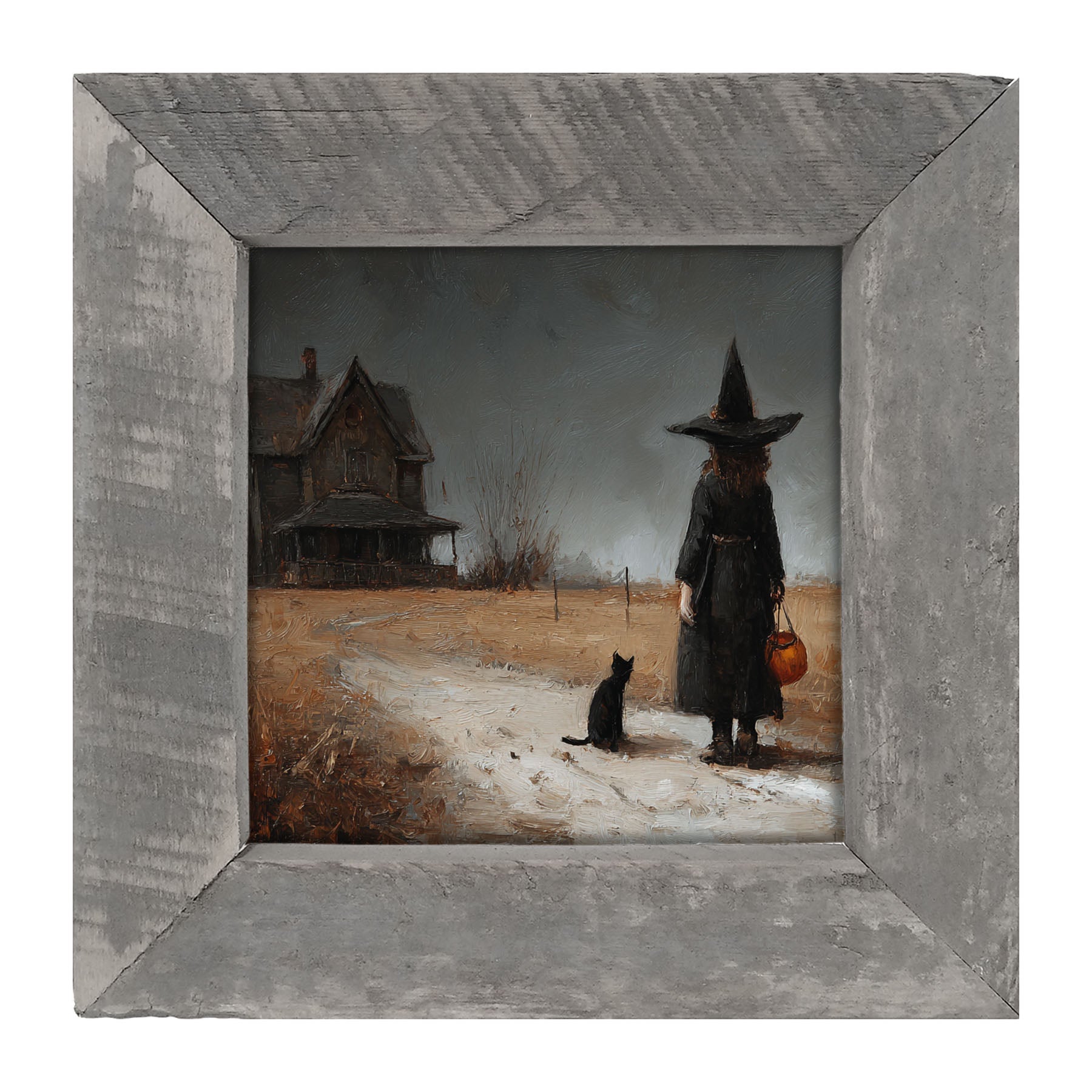 Witch with Black Cat Trick or Treating - Square - Framed Art