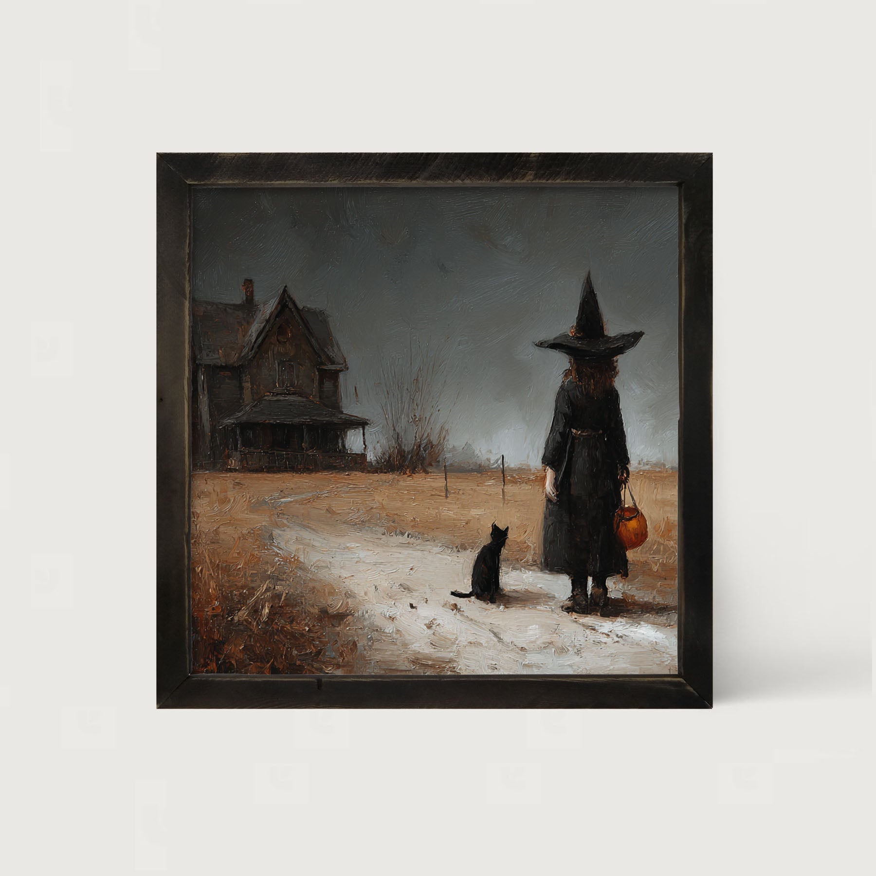 Witch with Black Cat Trick or Treating - Square - Framed Art