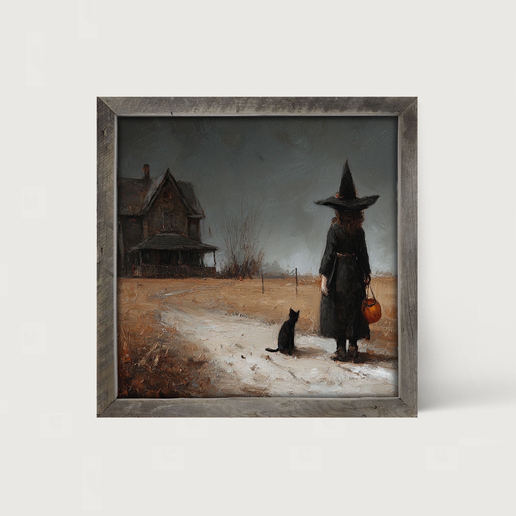 Witch with Black Cat Trick or Treating - Square - Framed Art