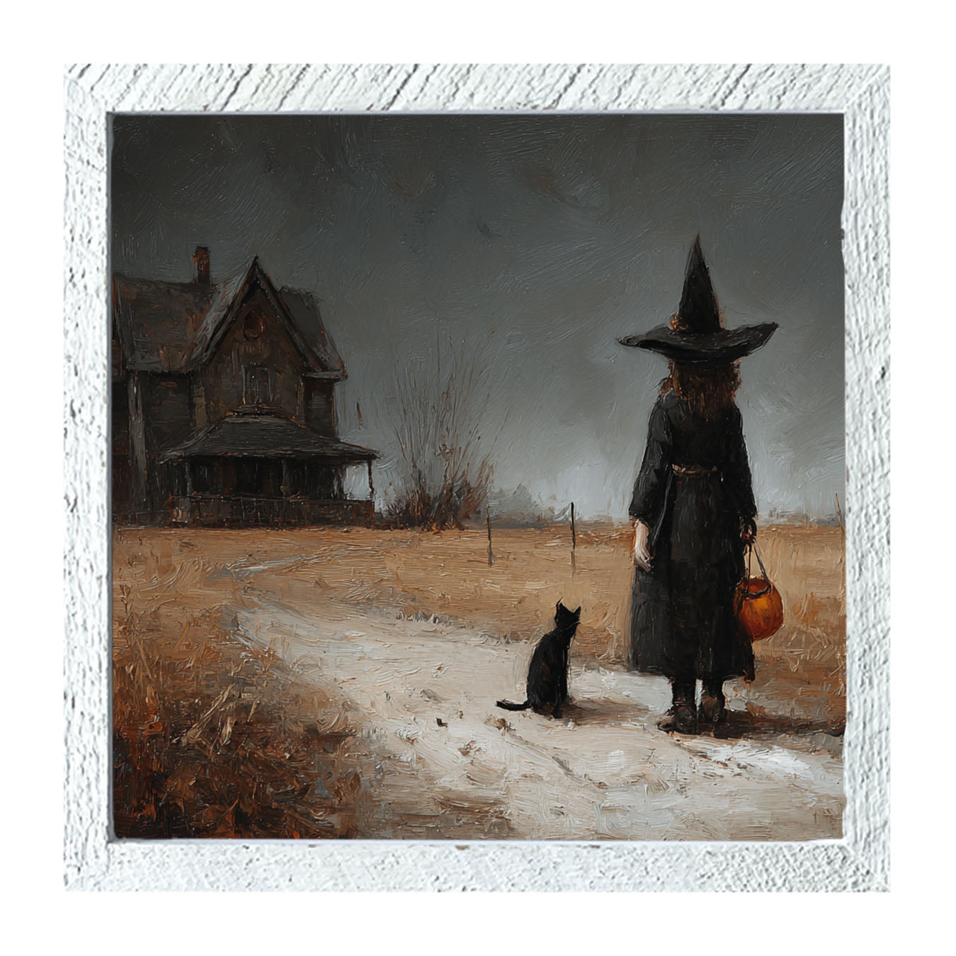 Witch with Black Cat Trick or Treating - Square - Framed Art
