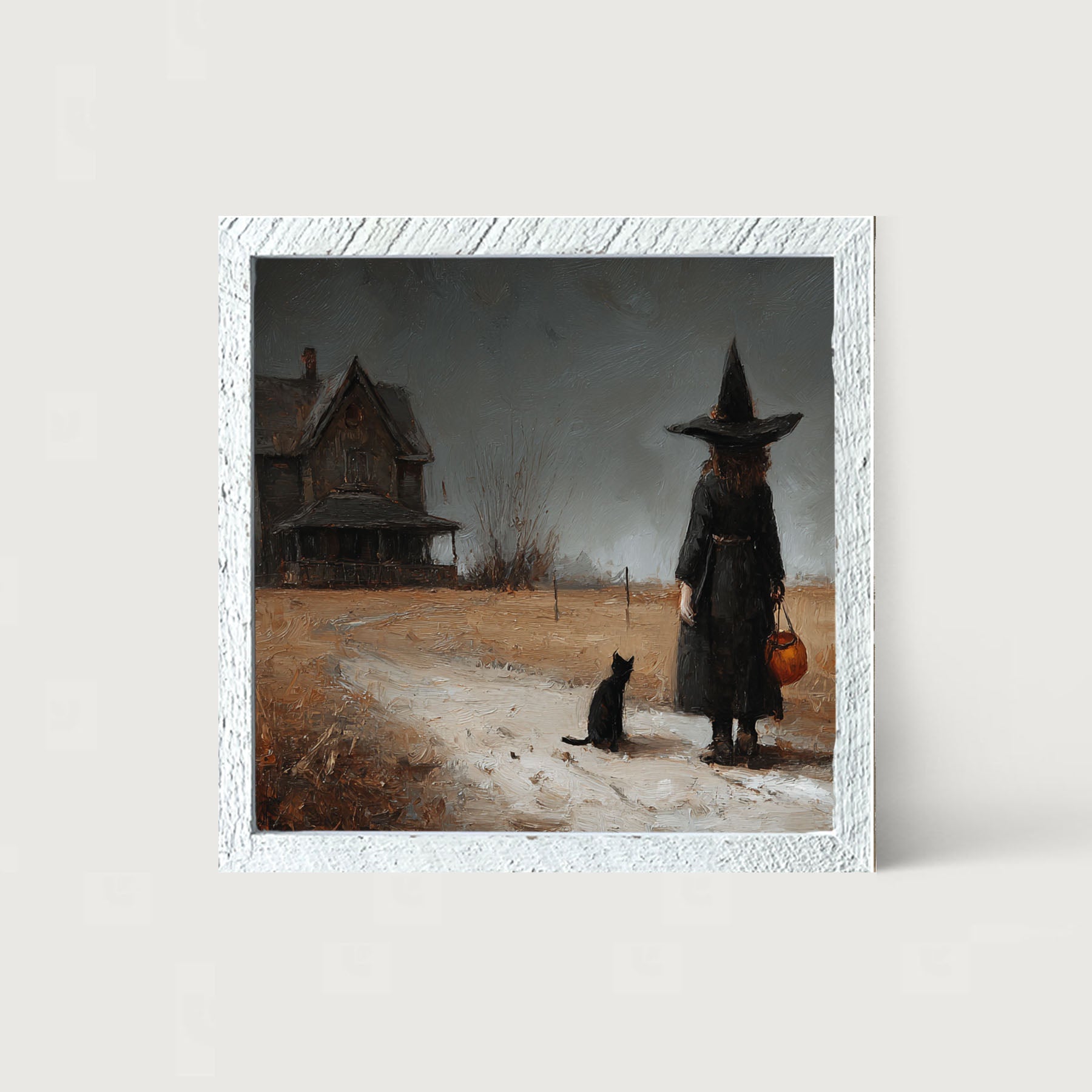 Witch with Black Cat Trick or Treating - Square - Framed Art
