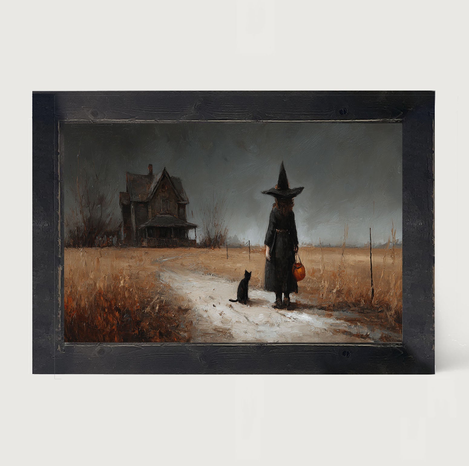 Witch with Black Cat Trick or Treating - Horizontal - Framed Art