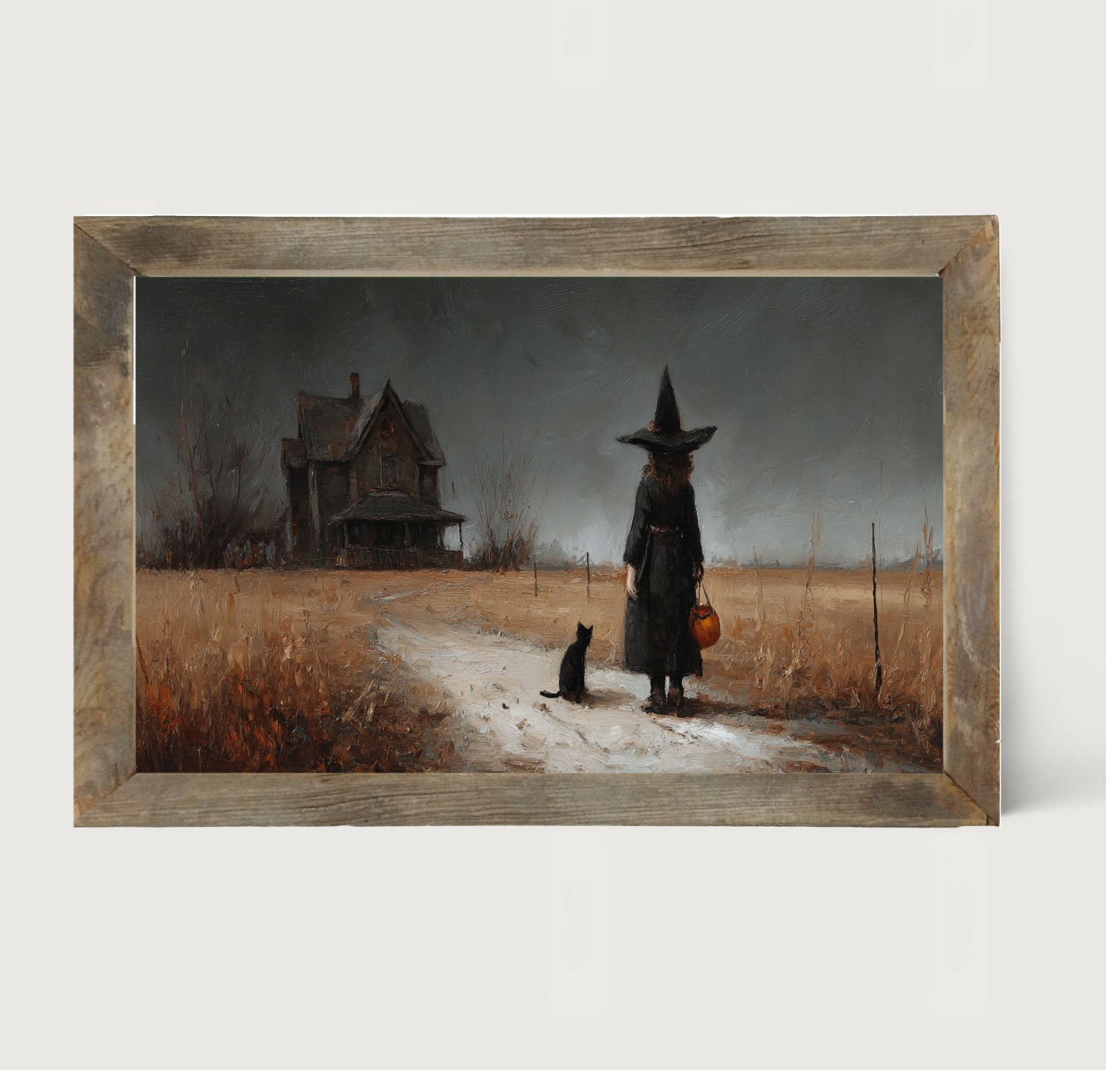 Witch with Black Cat Trick or Treating - Horizontal - Framed Art