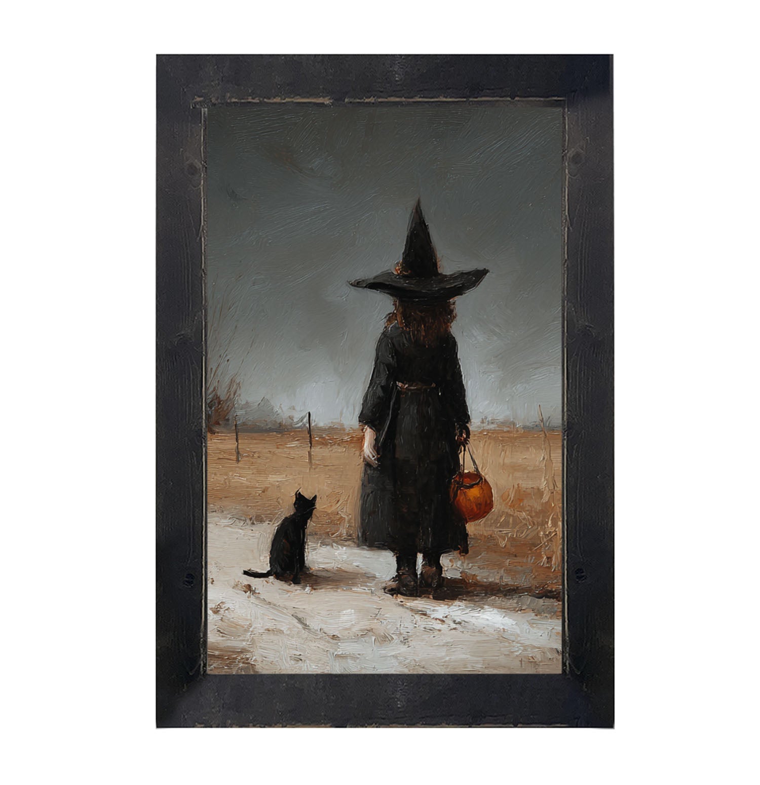Witch with Black Cat Trick or Treating - Vertical - Framed Art
