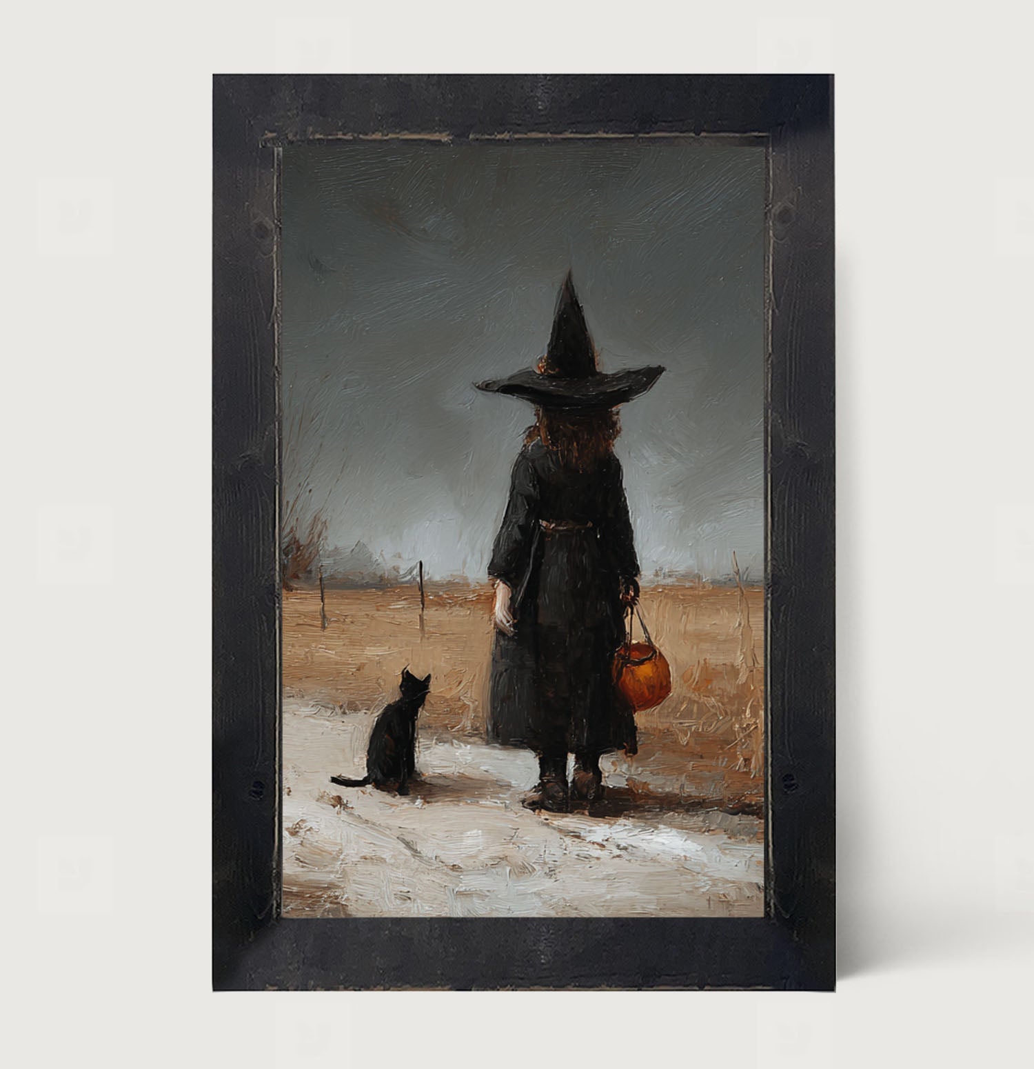Witch with Black Cat Trick or Treating - Vertical - Framed Art
