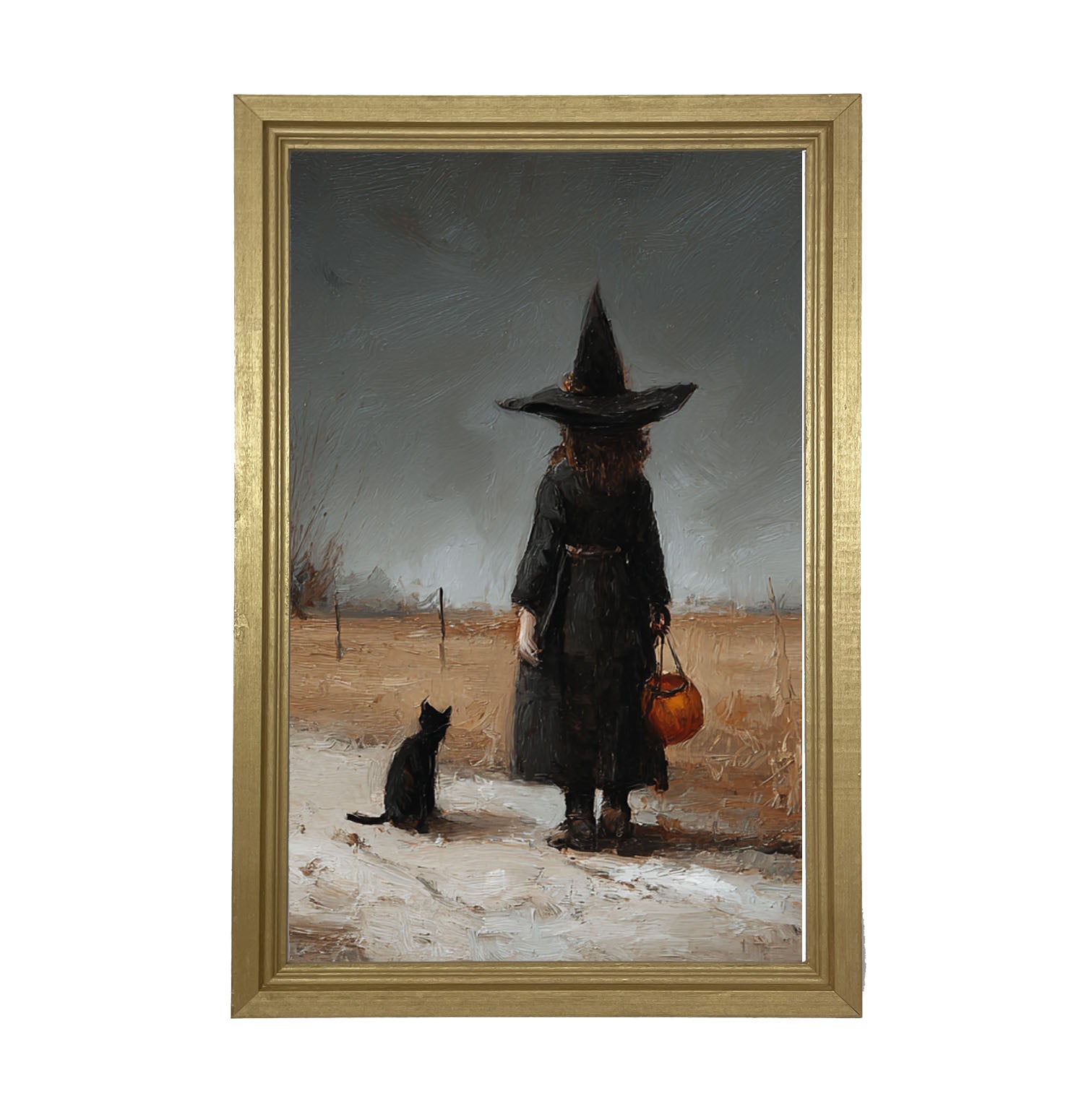 Witch with Black Cat Trick or Treating - Vertical - Framed Art