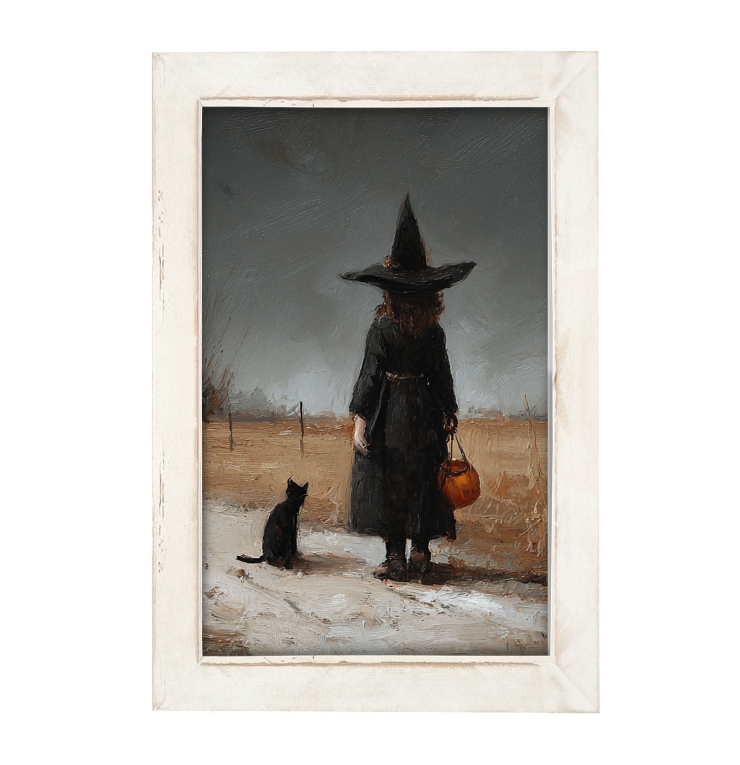 Witch with Black Cat Trick or Treating - Vertical - Framed Art
