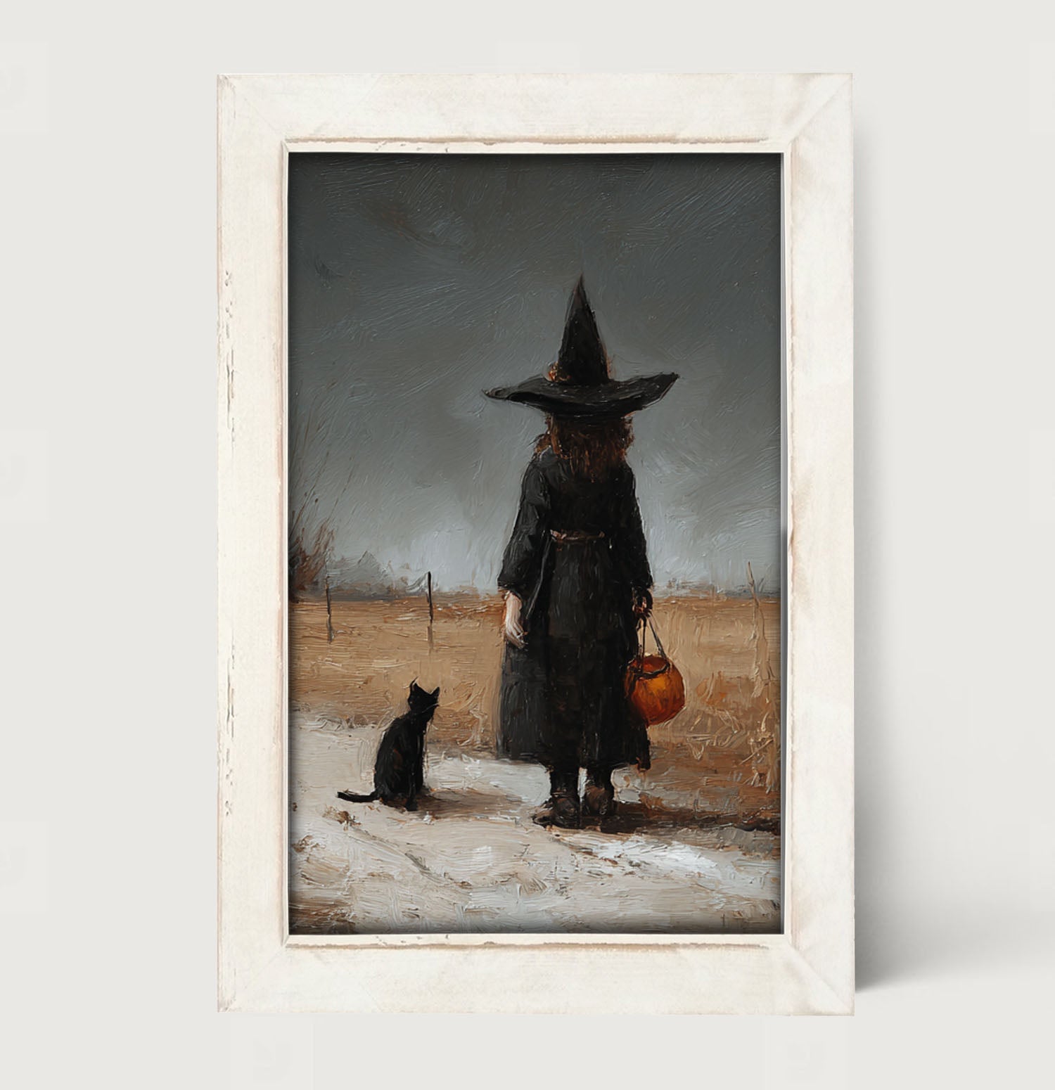 Witch with Black Cat Trick or Treating - Vertical - Framed Art