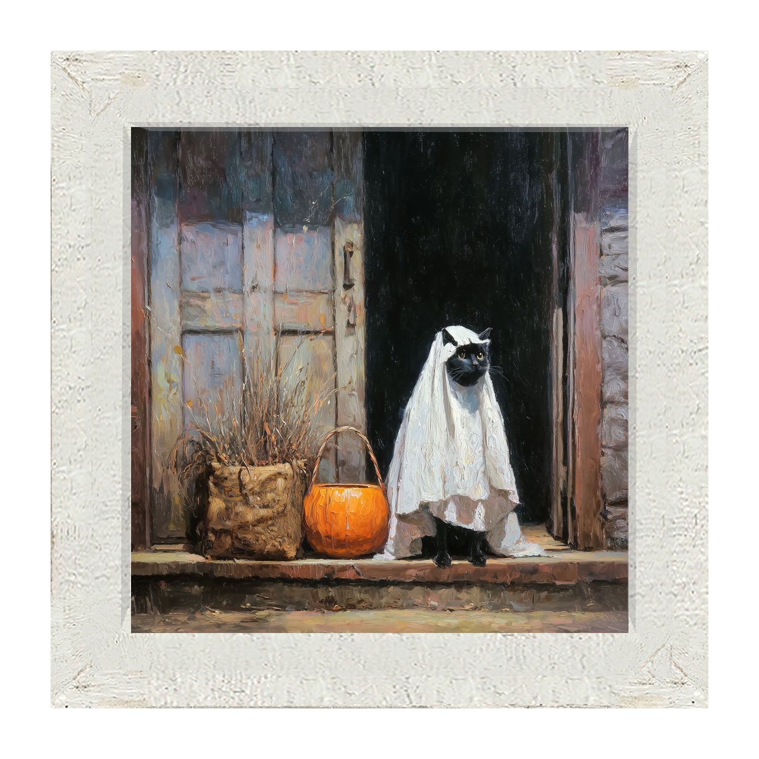 Trick or Treating Pets - Cat at the Door - Framed Art