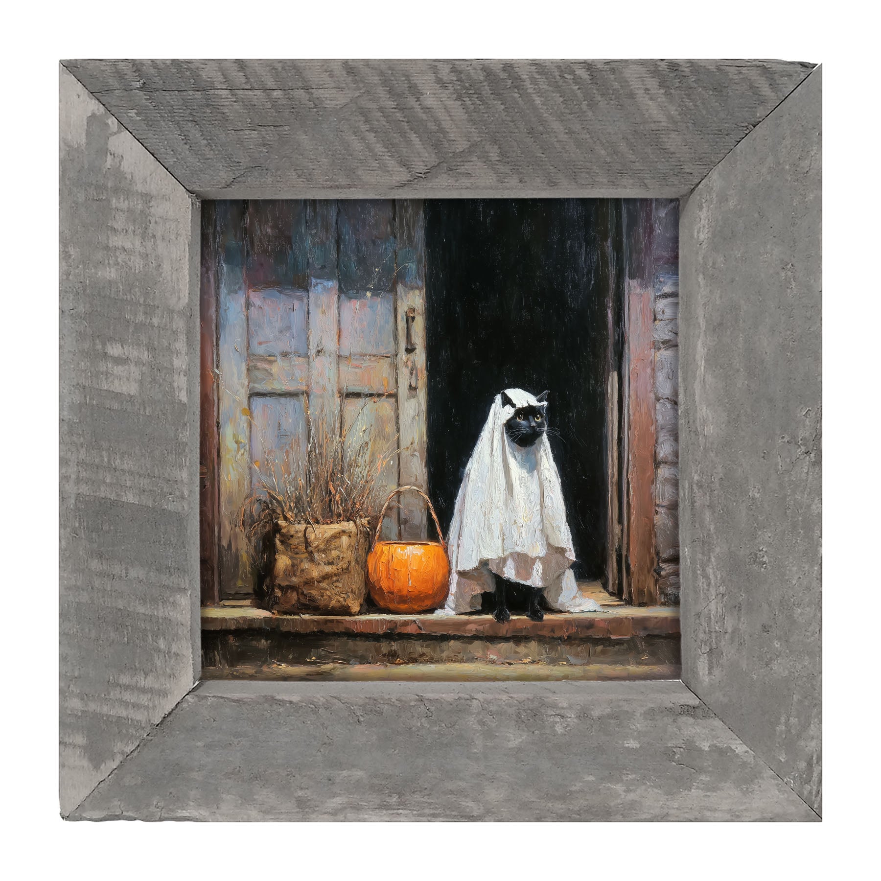 Trick or Treating Pets - Cat at the Door - Framed Art