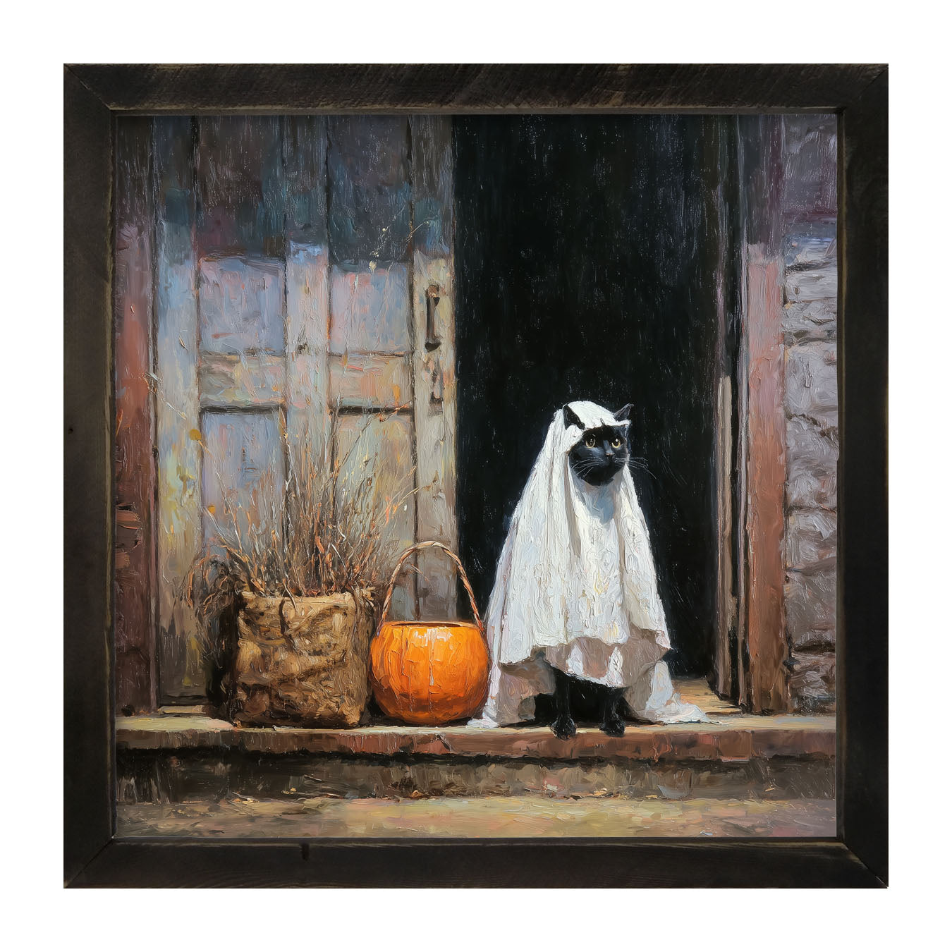 Trick or Treating Pets - Cat at the Door - Framed Art