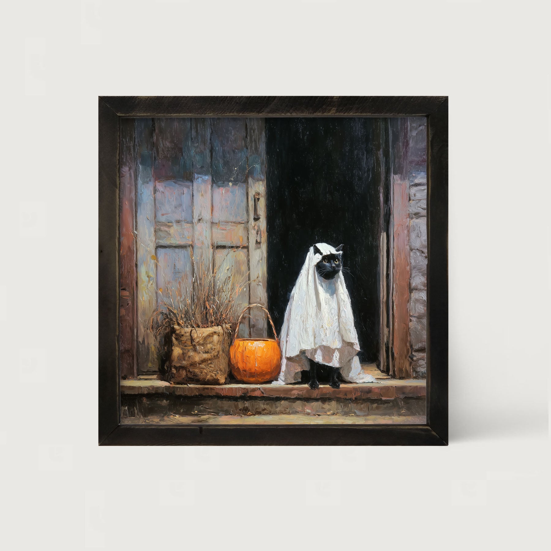 Trick or Treating Pets - Cat at the Door - Framed Art