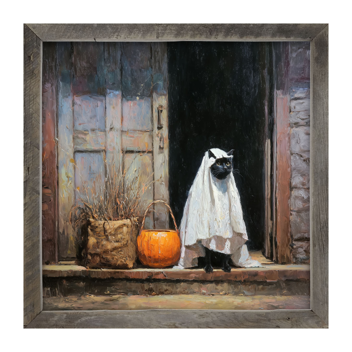 Trick or Treating Pets - Cat at the Door - Framed Art