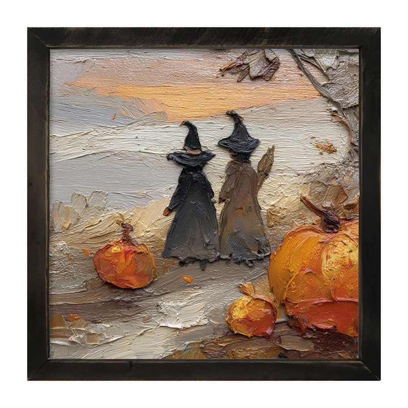 Two Witches with Pumpkins - Framed Art