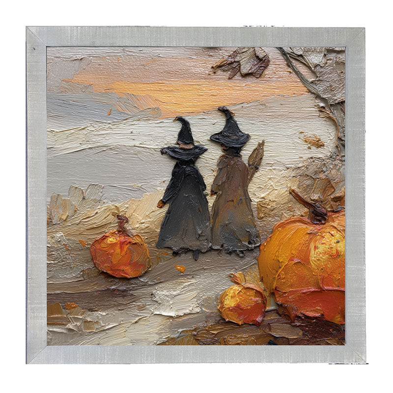 Two Witches with Pumpkins - Framed Art