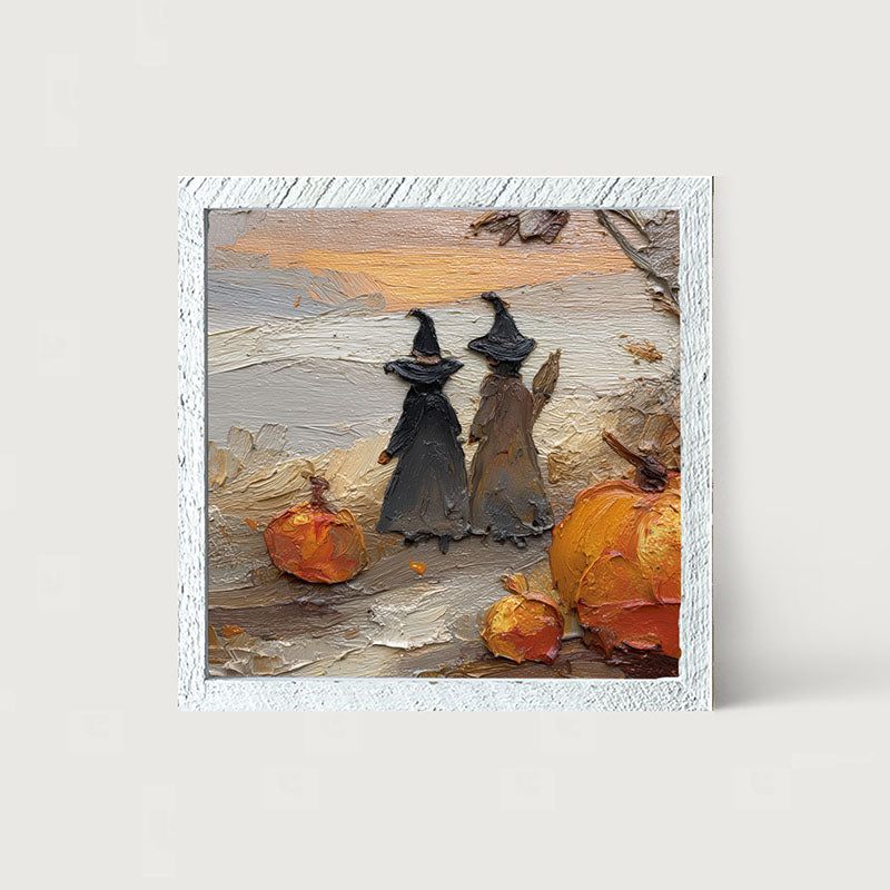 Two Witches with Pumpkins - Framed Art