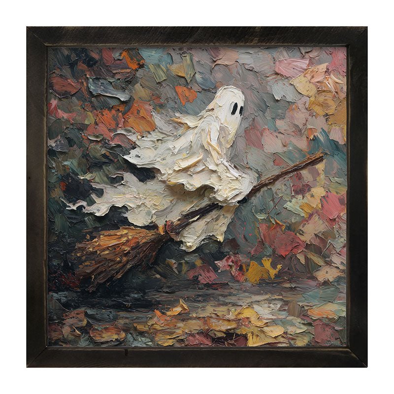 Ghost on Broom at Night - Framed Art