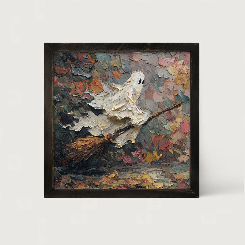 Ghost on Broom at Night - Framed Art