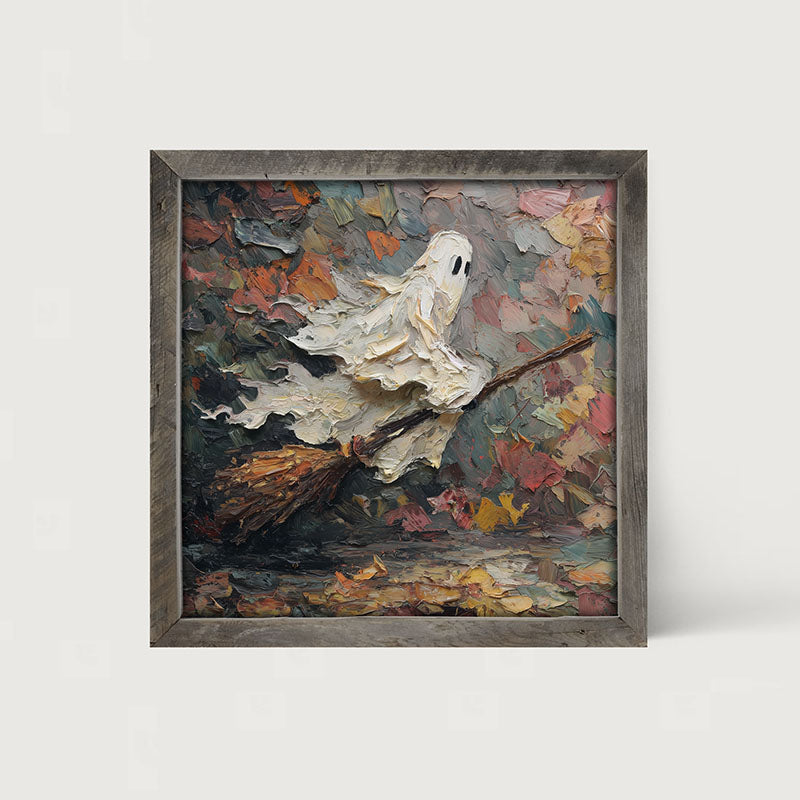 Ghost on Broom at Night - Framed Art