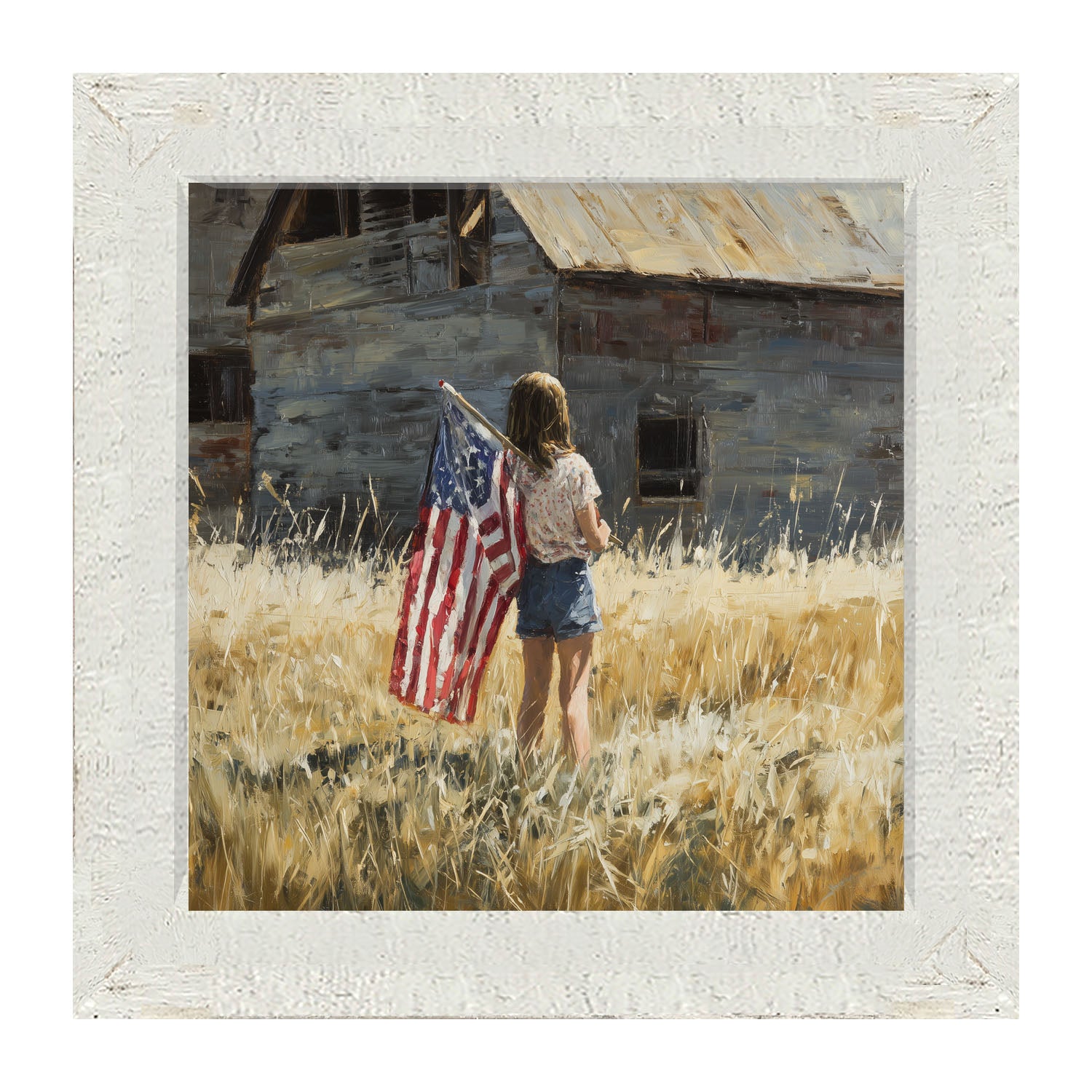 Child With Flag - Girl at Barn - Framed Art