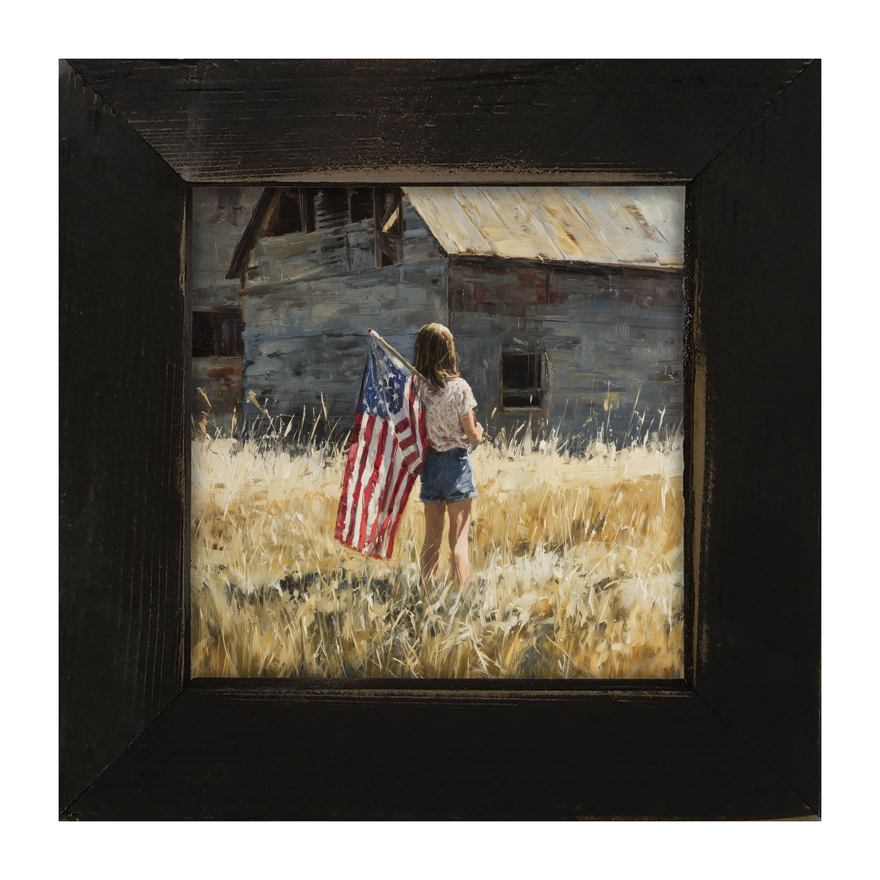 Child With Flag - Girl at Barn - Framed Art