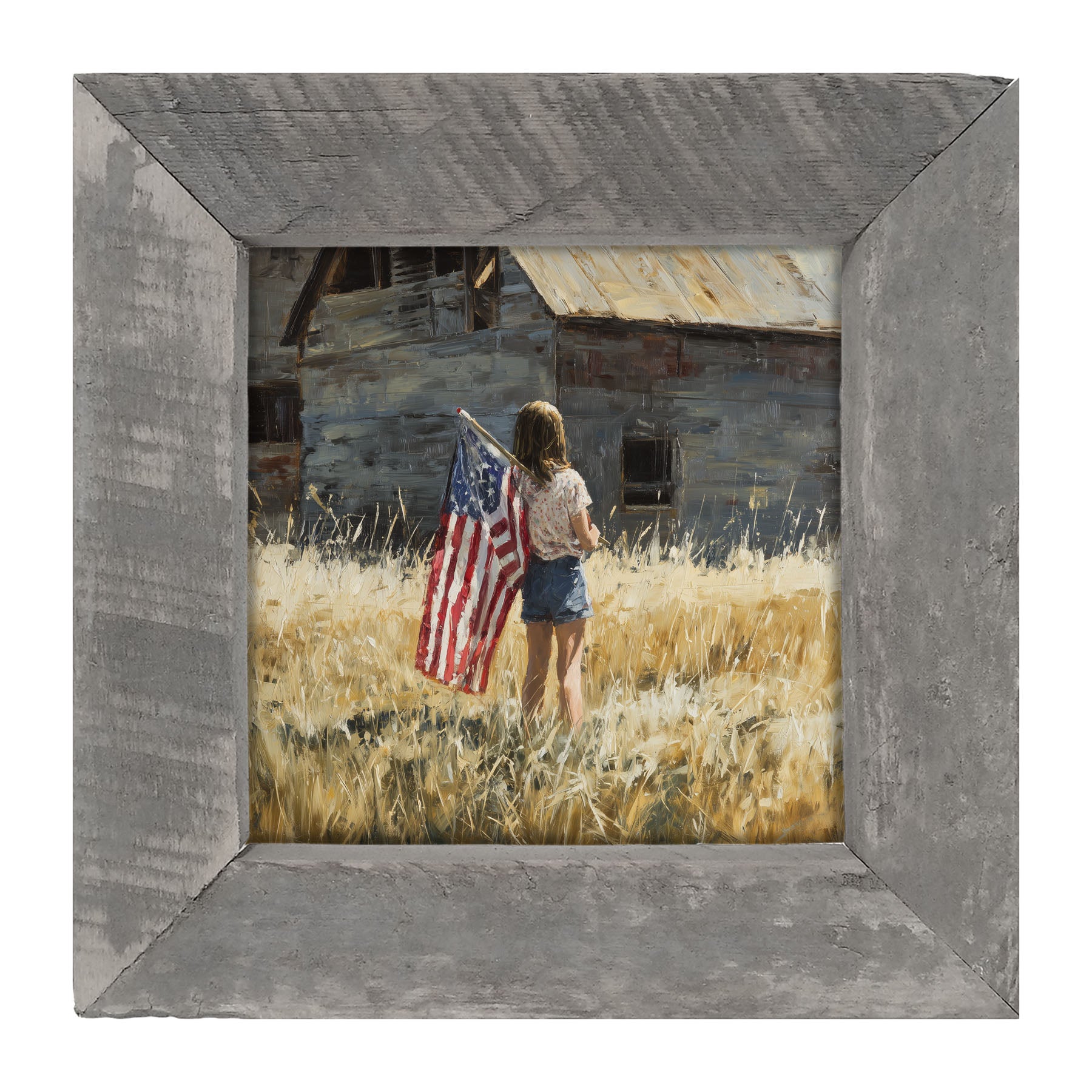 Child With Flag - Girl at Barn - Framed Art