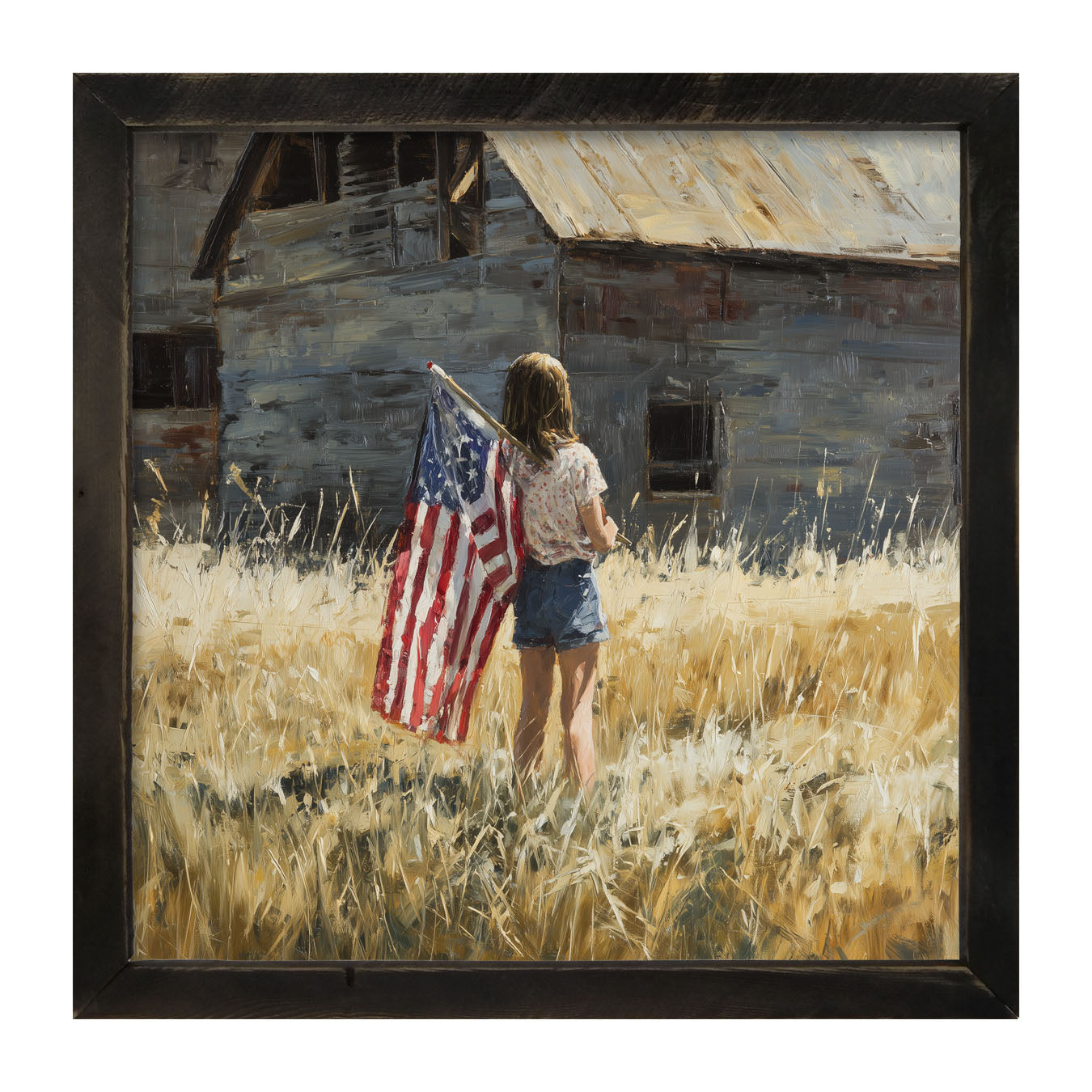 Child With Flag - Girl at Barn - Framed Art