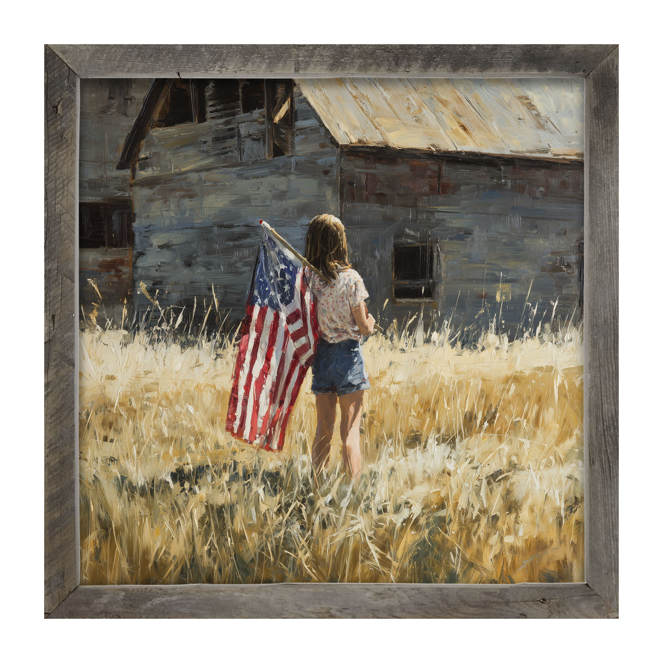 Child With Flag - Girl at Barn - Framed Art