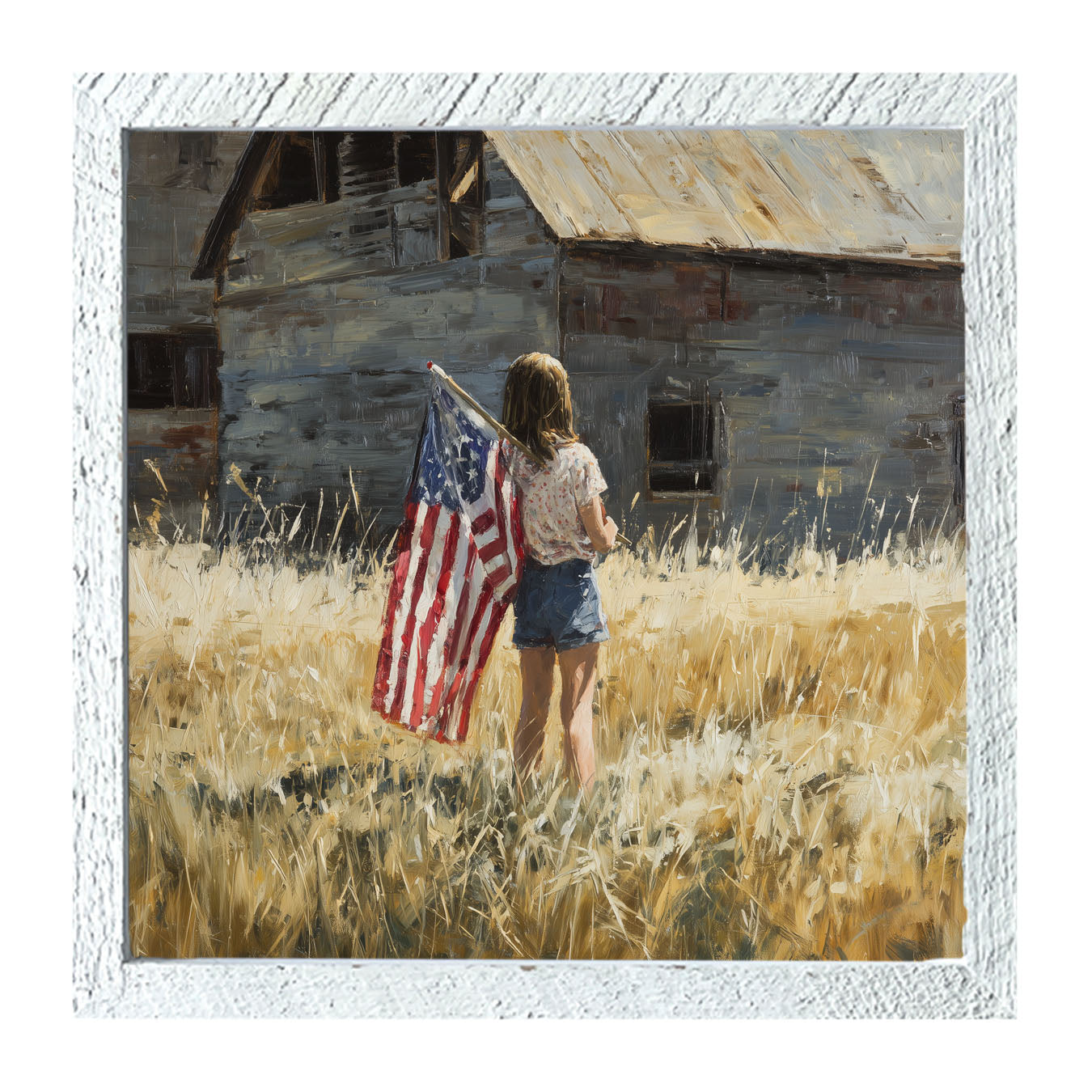 Child With Flag - Girl at Barn - Framed Art