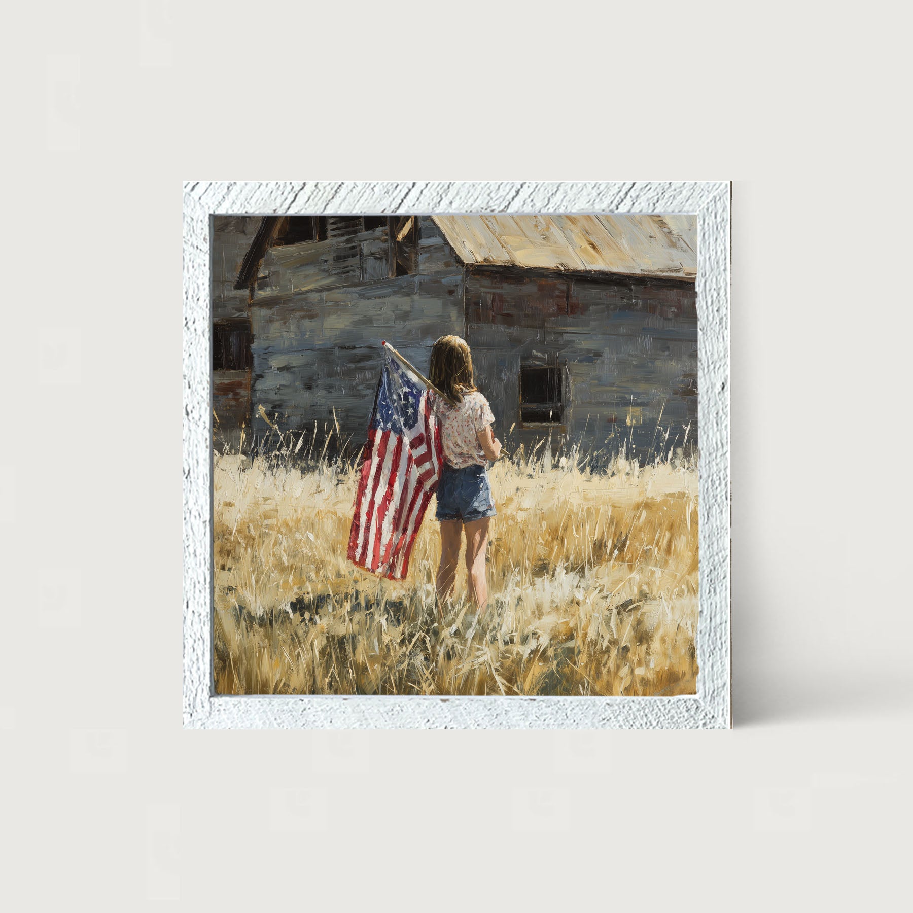 Child With Flag - Girl at Barn - Framed Art