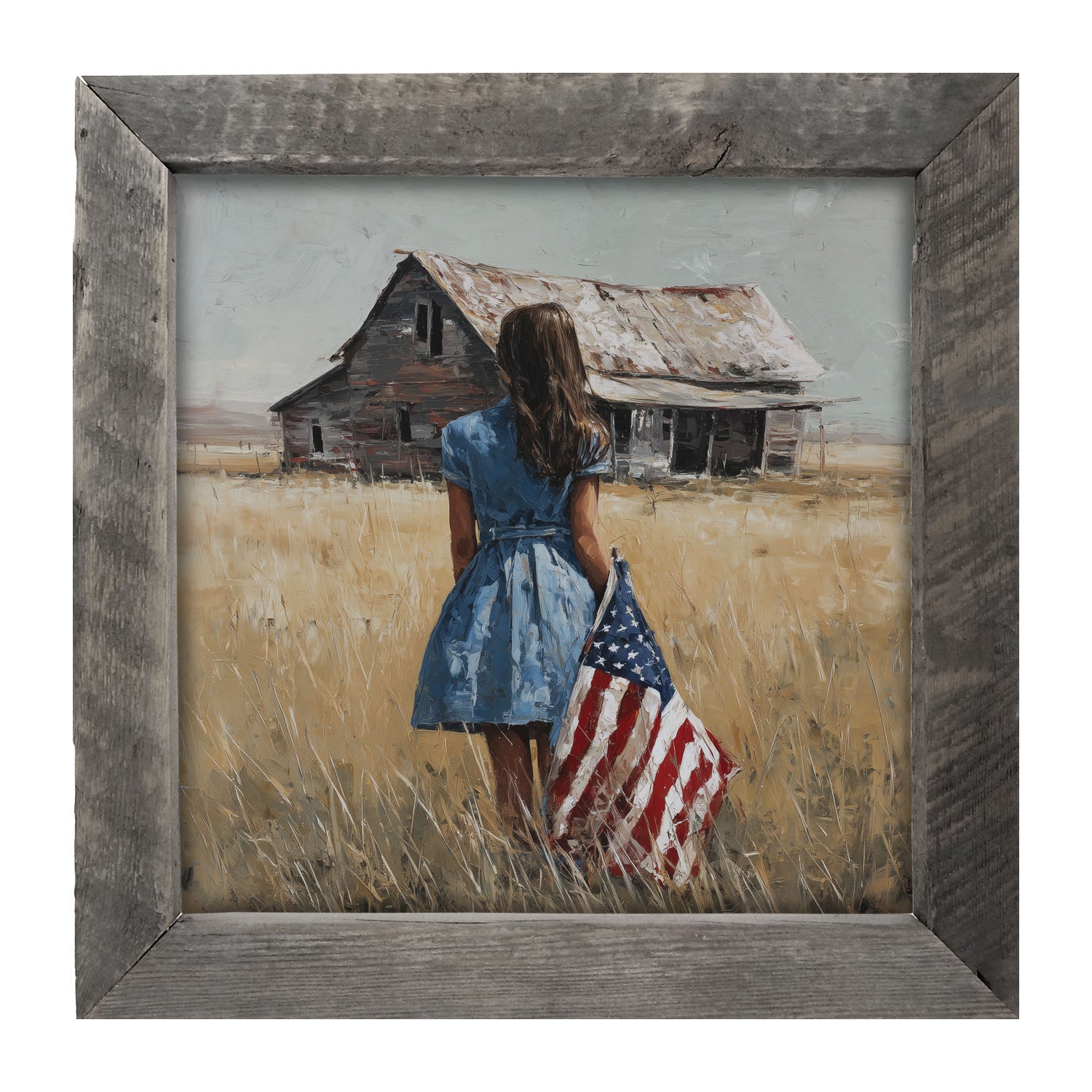 Child With Flag - Girl in Blue Dress - Framed Art