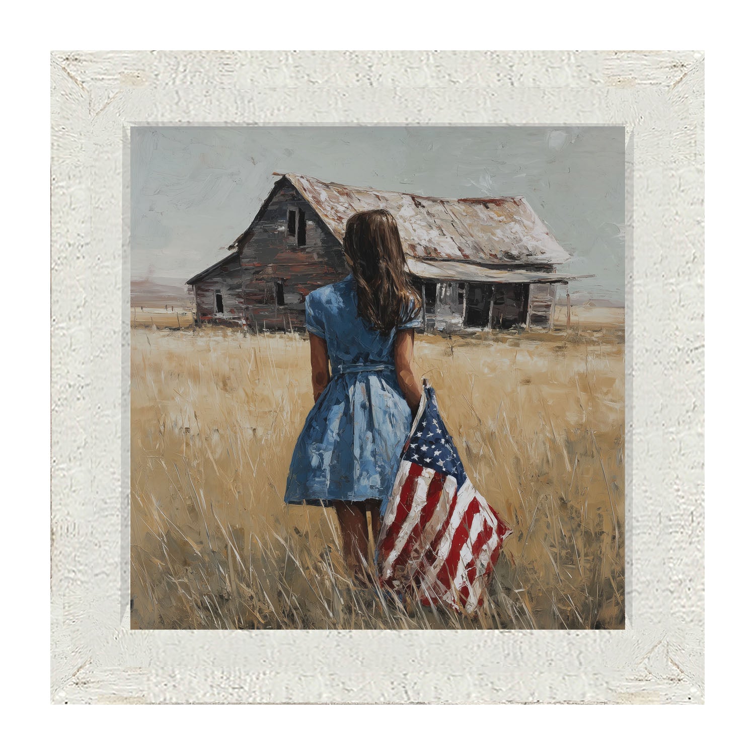 Child With Flag - Girl in Blue Dress - Framed Art