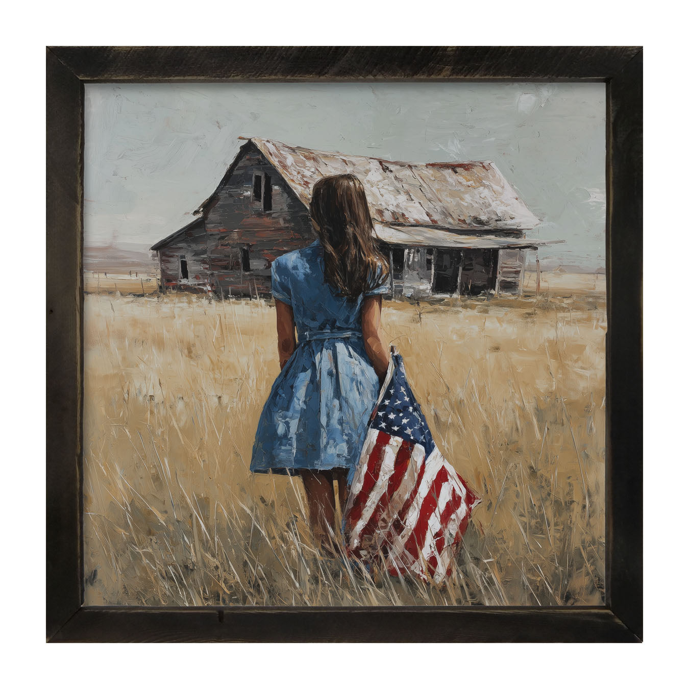 Child With Flag - Girl in Blue Dress - Framed Art