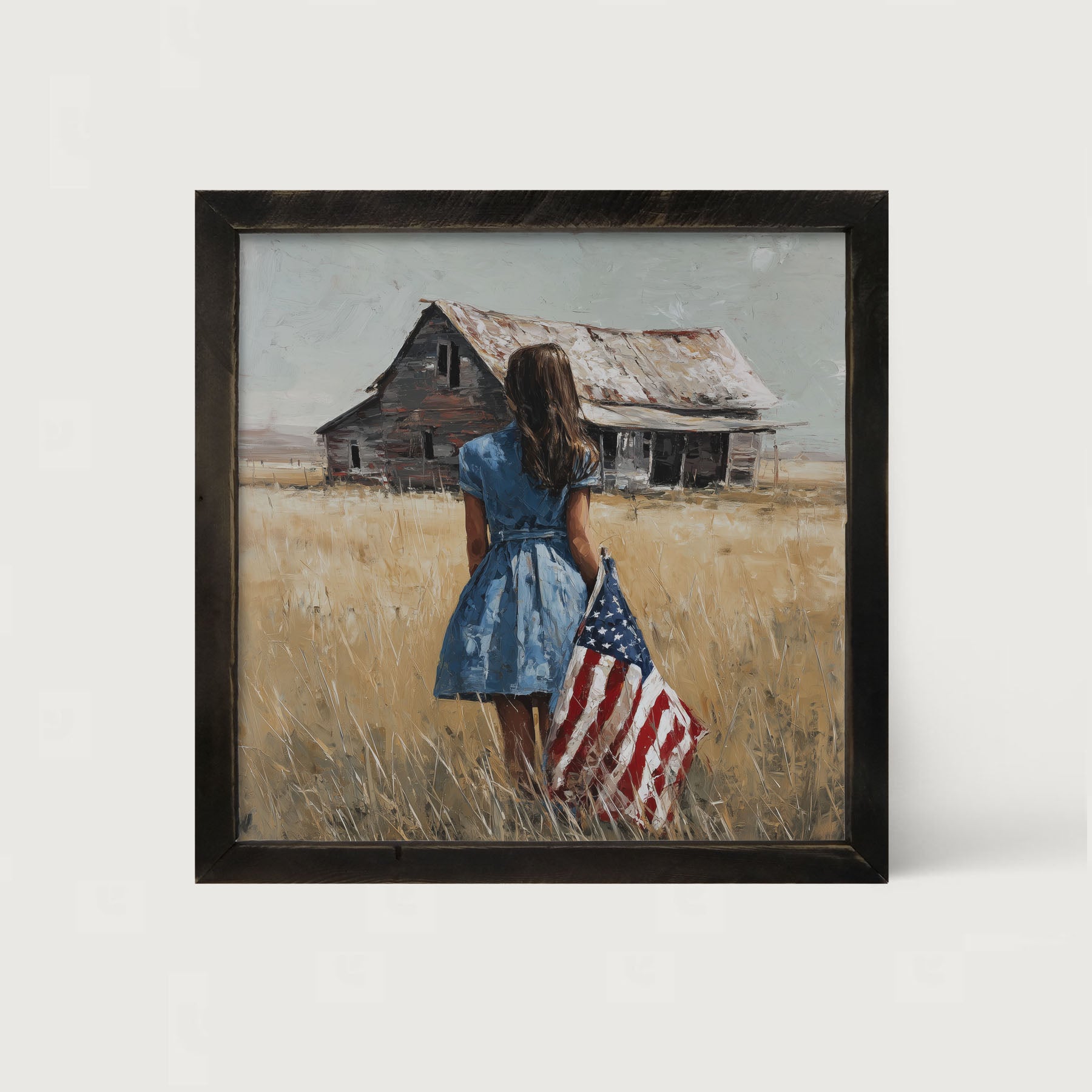 Child With Flag - Girl in Blue Dress - Framed Art