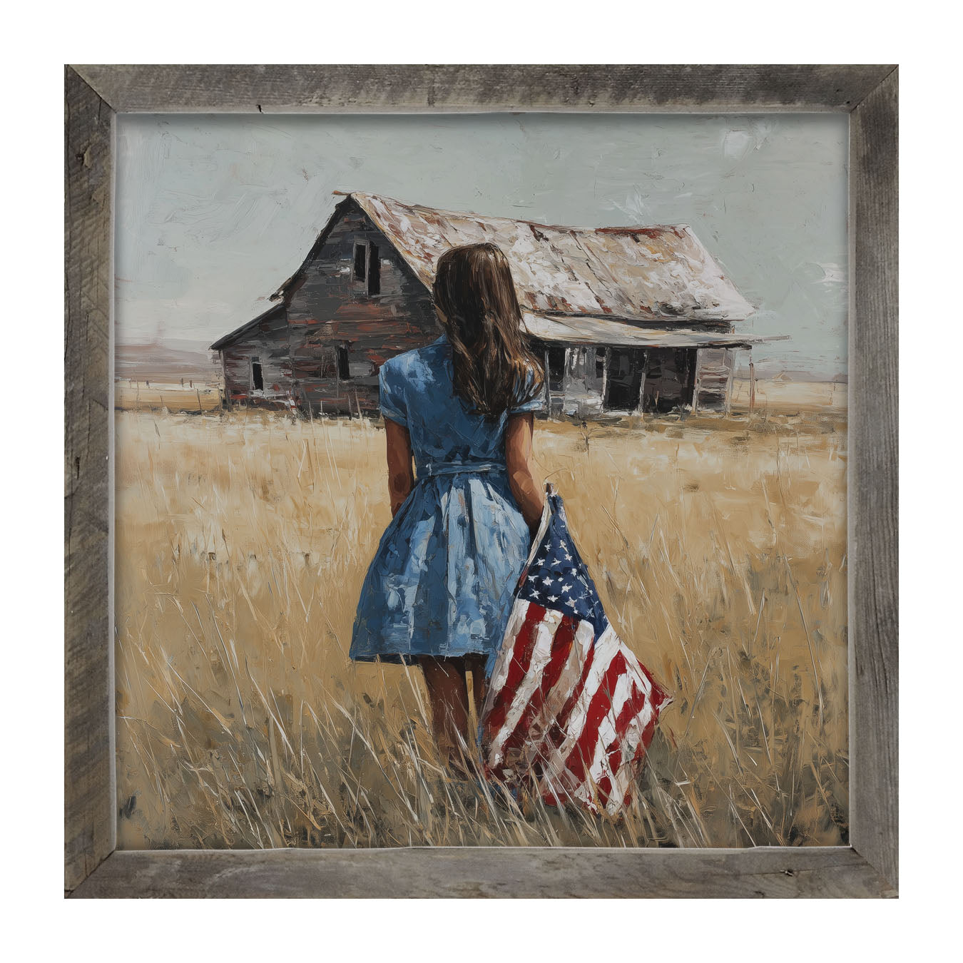 Child With Flag - Girl in Blue Dress - Framed Art