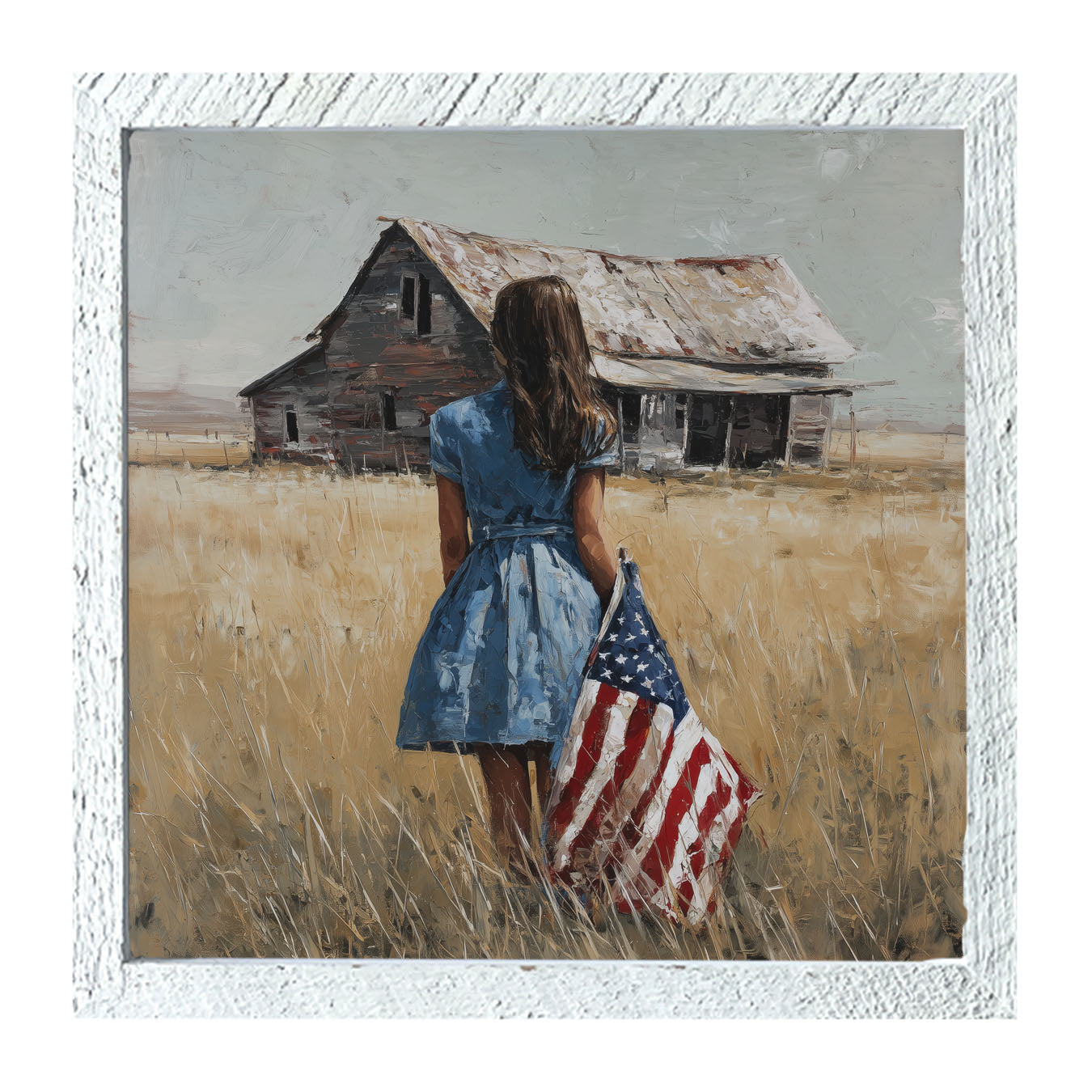Child With Flag - Girl in Blue Dress - Framed Art