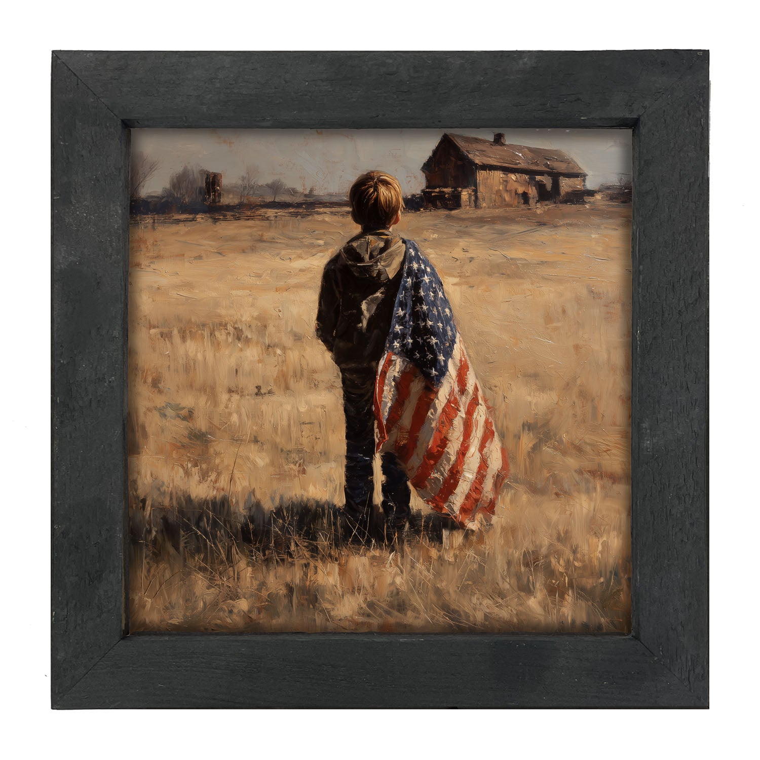 Child With Flag - Boy at Farm - Framed Art