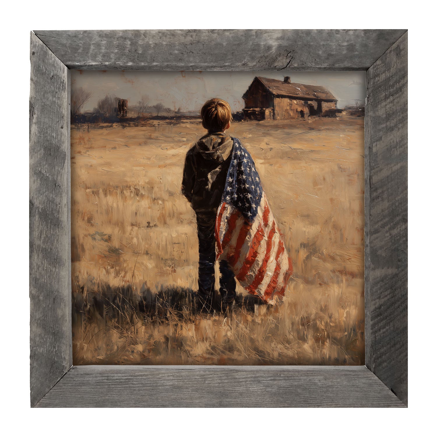 Child With Flag - Boy at Farm - Framed Art