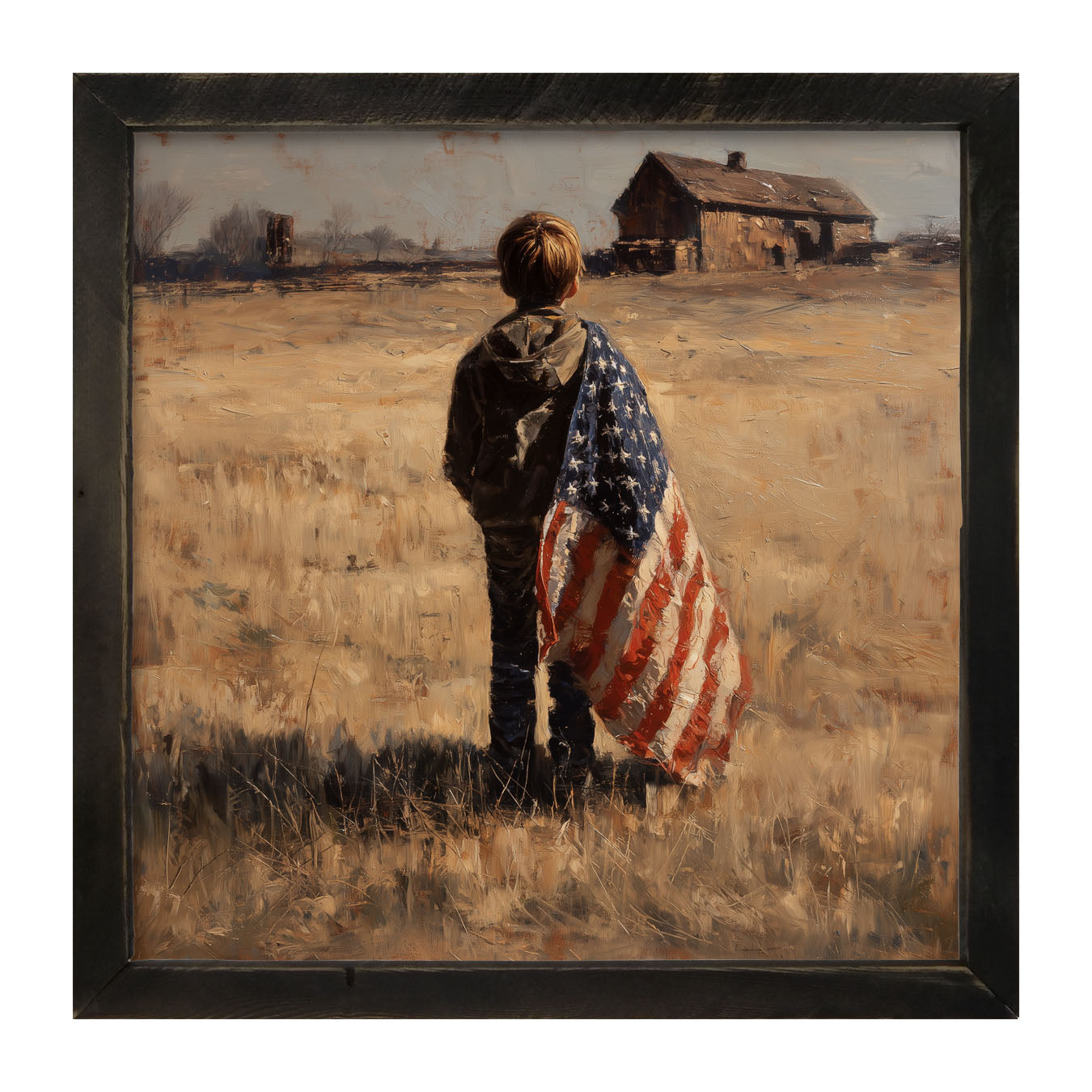 Child With Flag - Boy at Farm - Framed Art